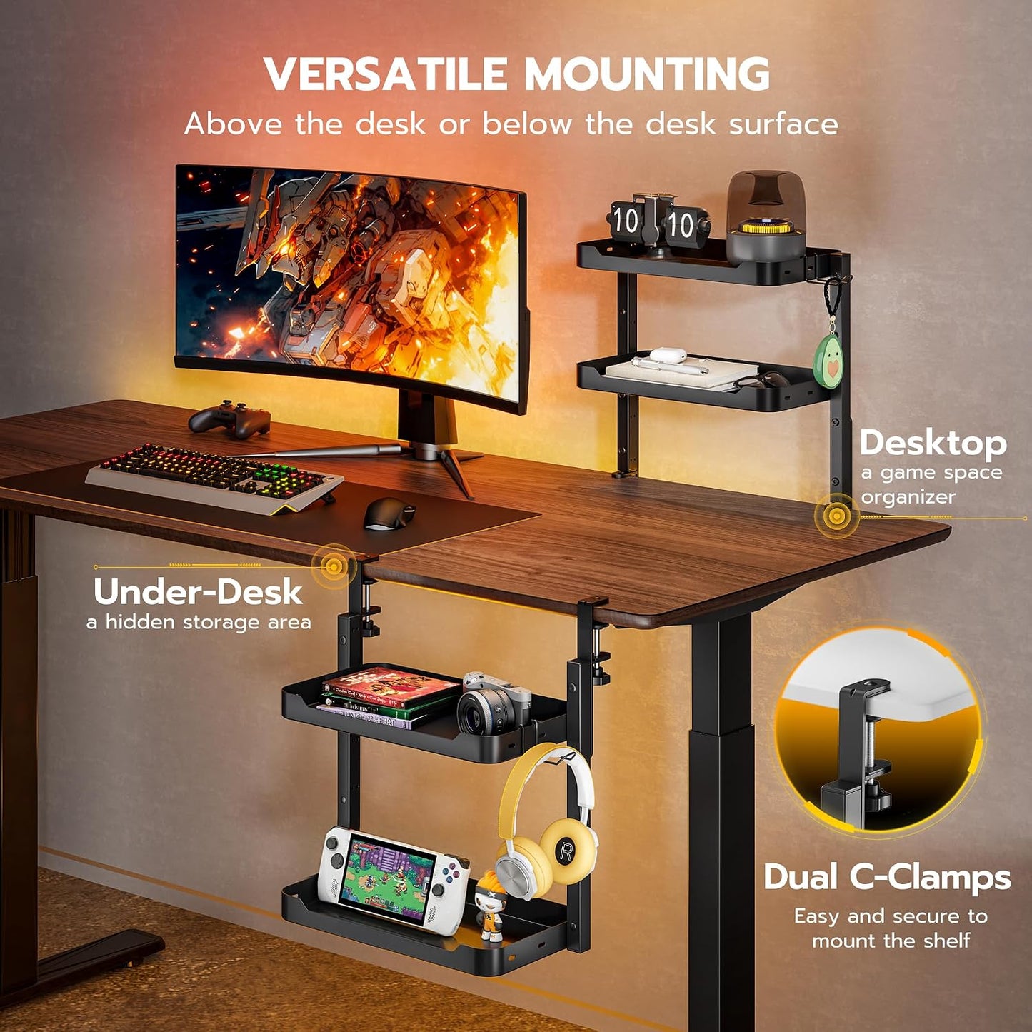 ARES WING 2-Tier 16 inch Clamp On Desk Shelf, Above or Under Desk Storage | Adjustable Desktop Organizer Shlef Holds 66