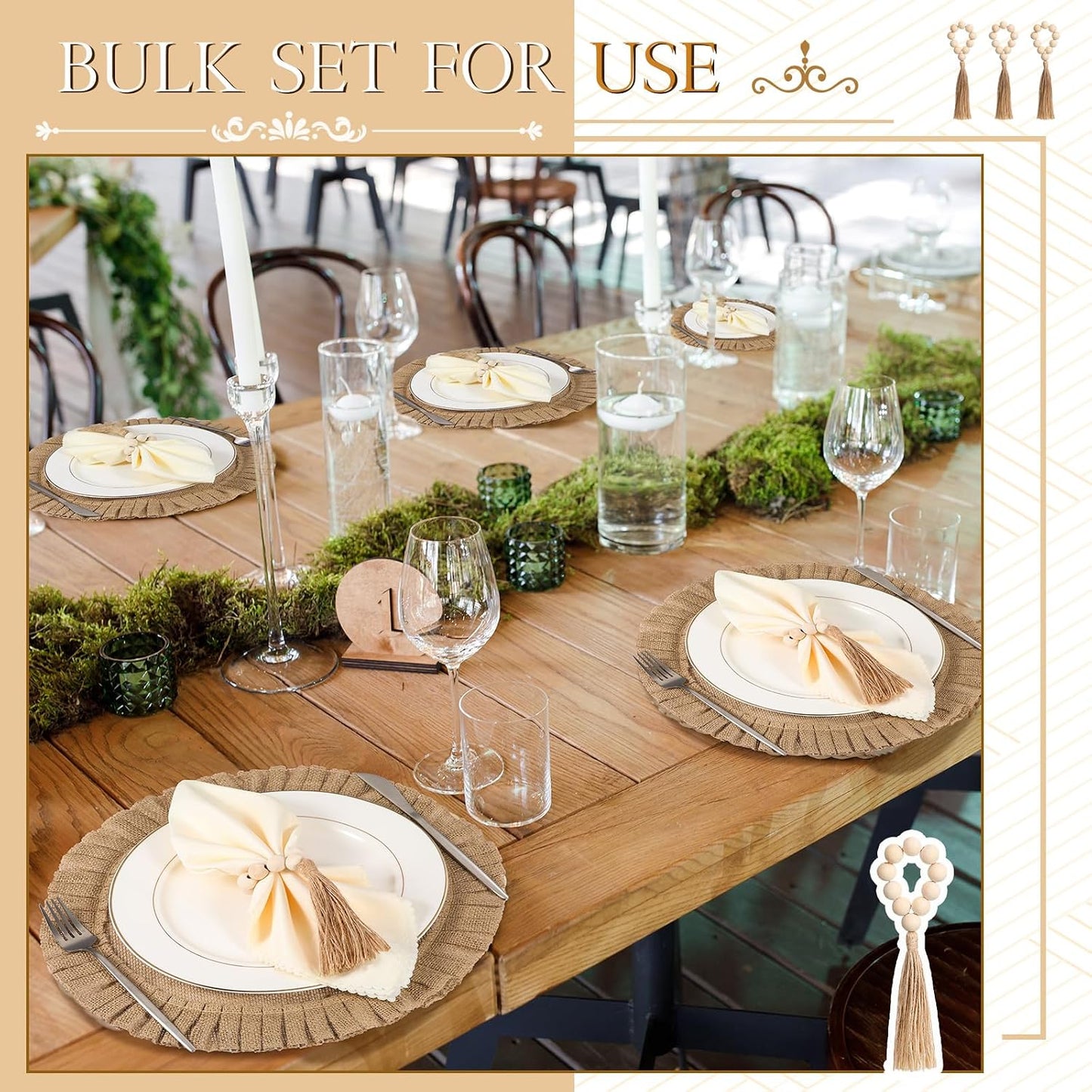Gejoy 18 Pcs Burlap Placemat Wood Napkin Ring Dinner Napkin, Natural | Round Heat Resistant Jute Mats Wooden Bead