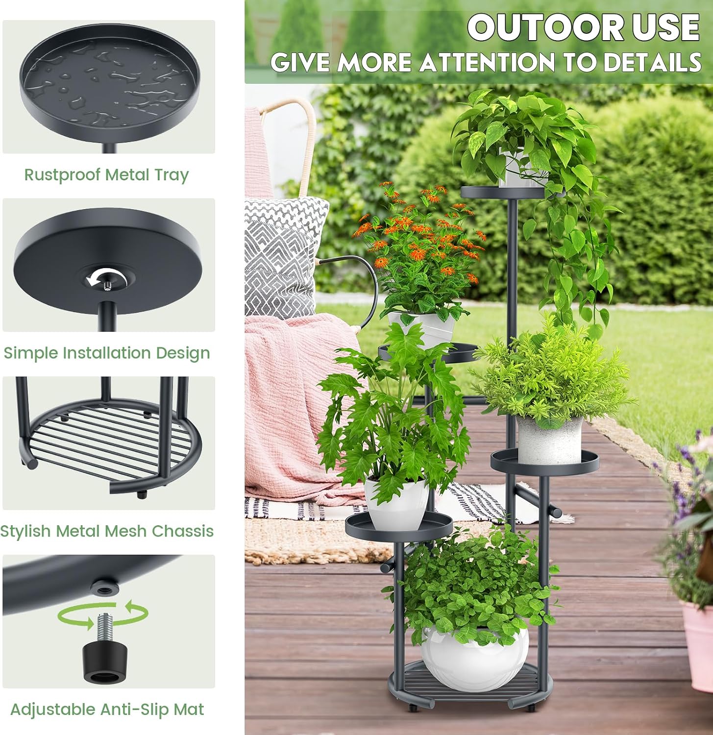 TOSKING Tall 5-Tier Round Metal Corner Plant Stand Indoor, Anti-Tip, Gray | 37.7-Inch Height, Space-Saving Design