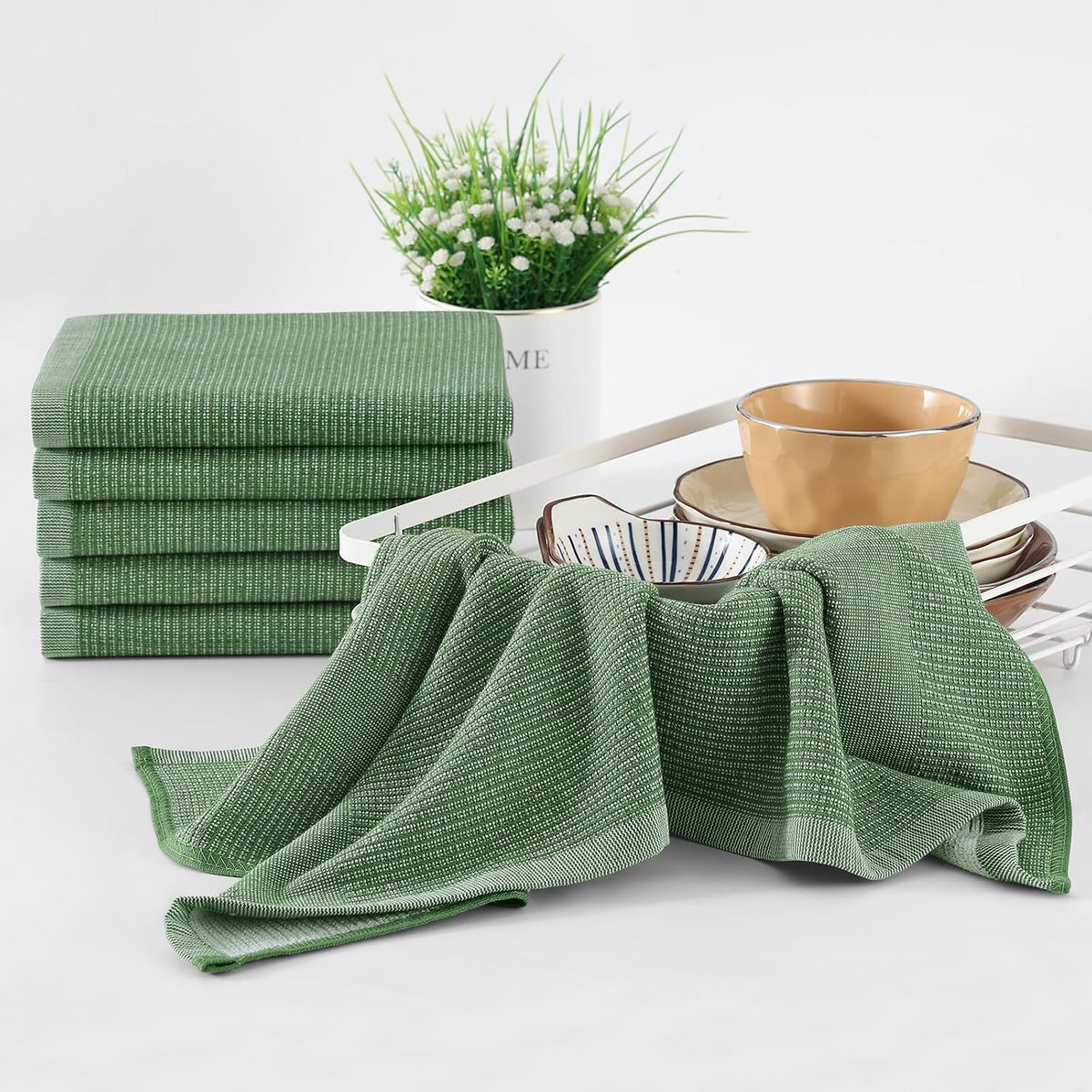 Homaxy 380 GSM Cotton Premium Kitchen Towels 8 Pack, 18"x 28", Grass Green | Flat and Terry Dish Towels, Highly