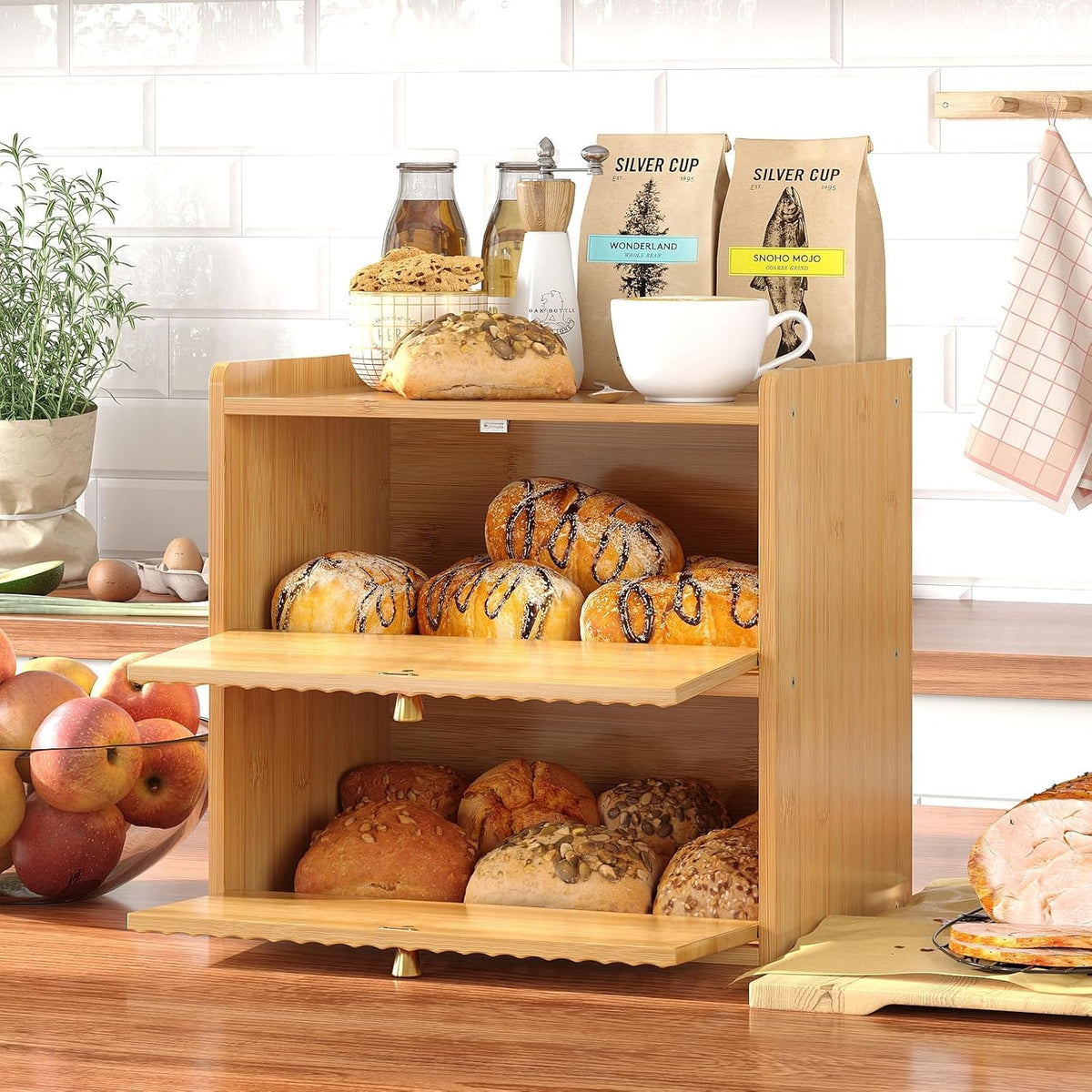Trironsun Rustic Bread Box for Kitchen Countertop Bamboo Bread Storage Container Bin Double Layer BreadBox Farmhouse