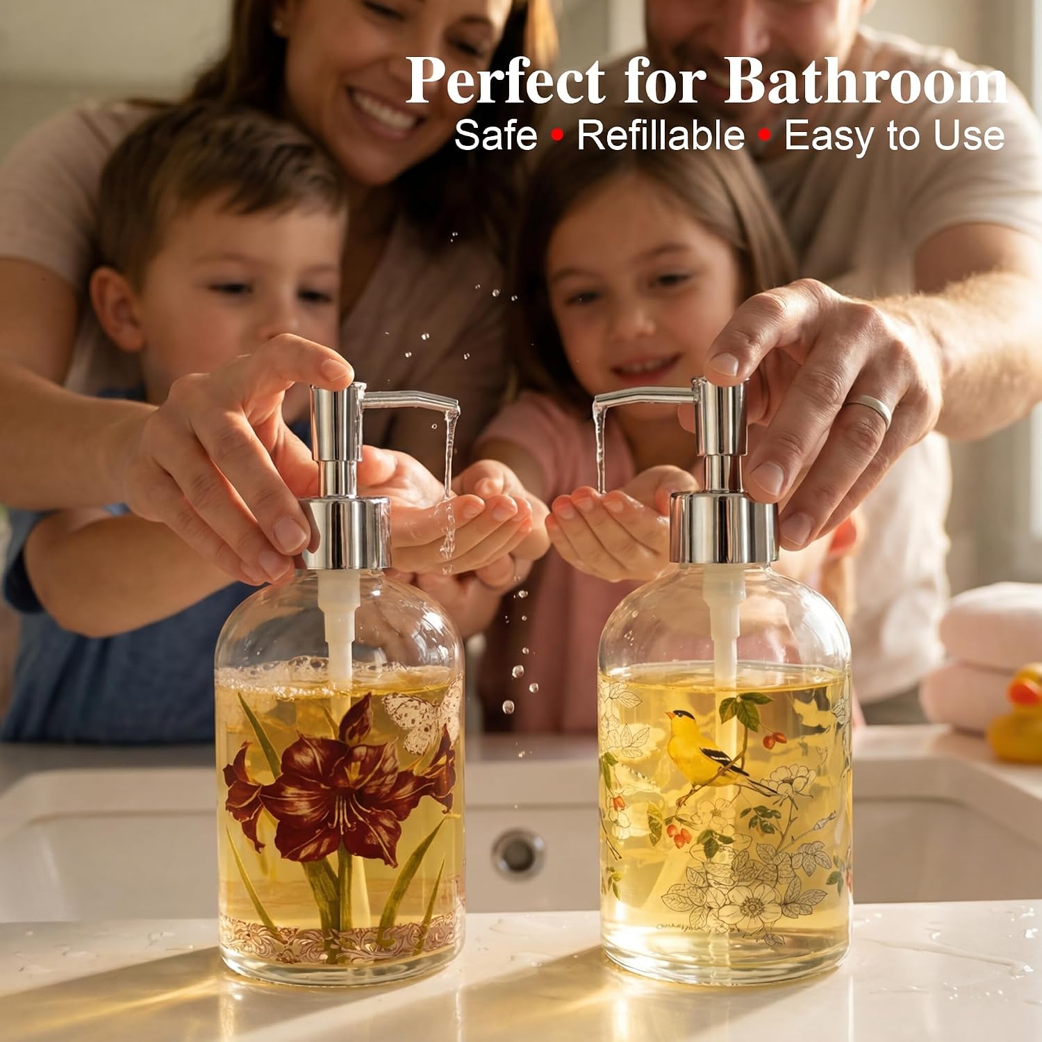 Topadorn Glass Soap Dispenser Set, Hand & Dish Soap Bottles with Pump | 2 Pack Botanical Glass Bottles • Vintage Floral