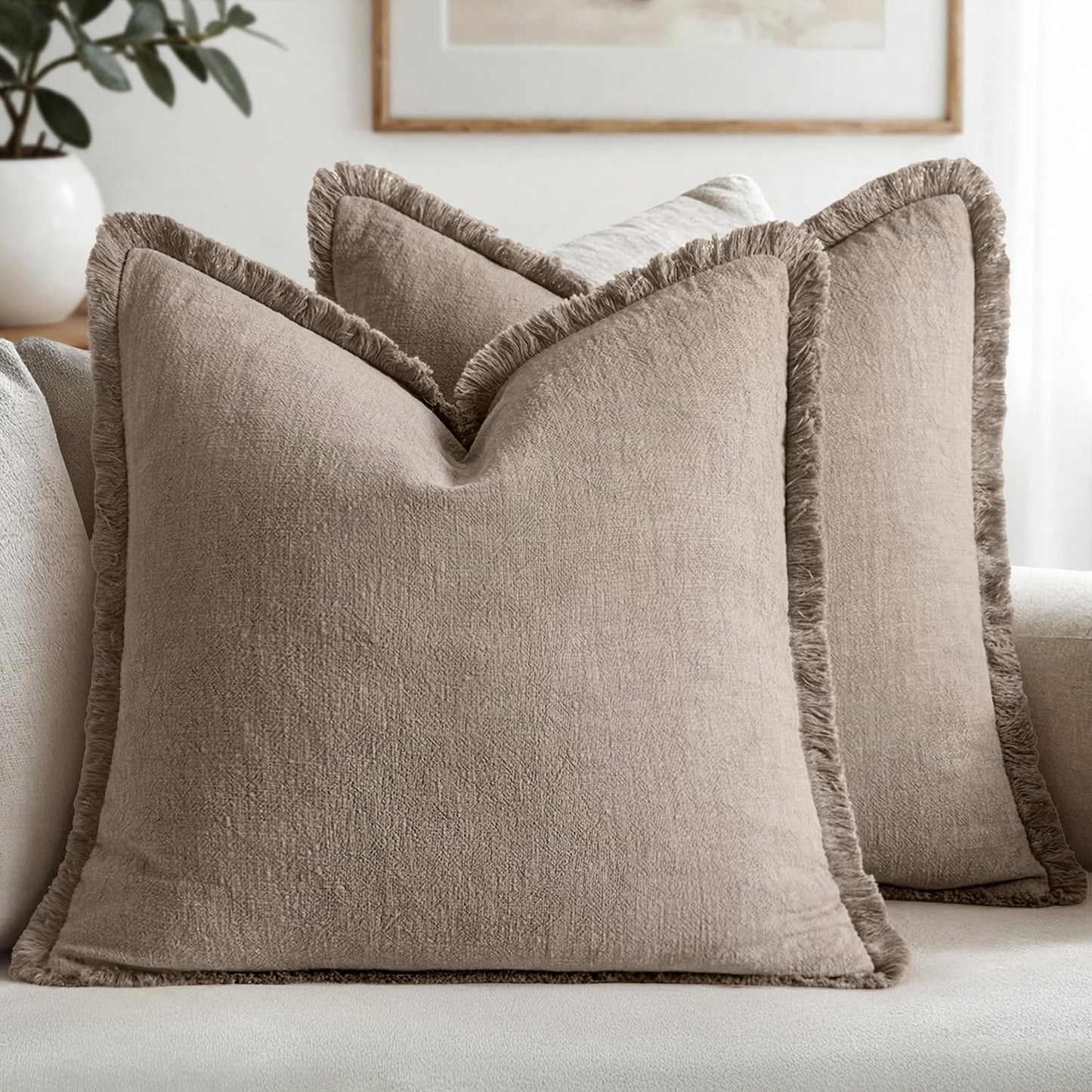 MIULEE Boho Linen Fringe Decorative Fall Throw Pillow Covers Coffee 18x18