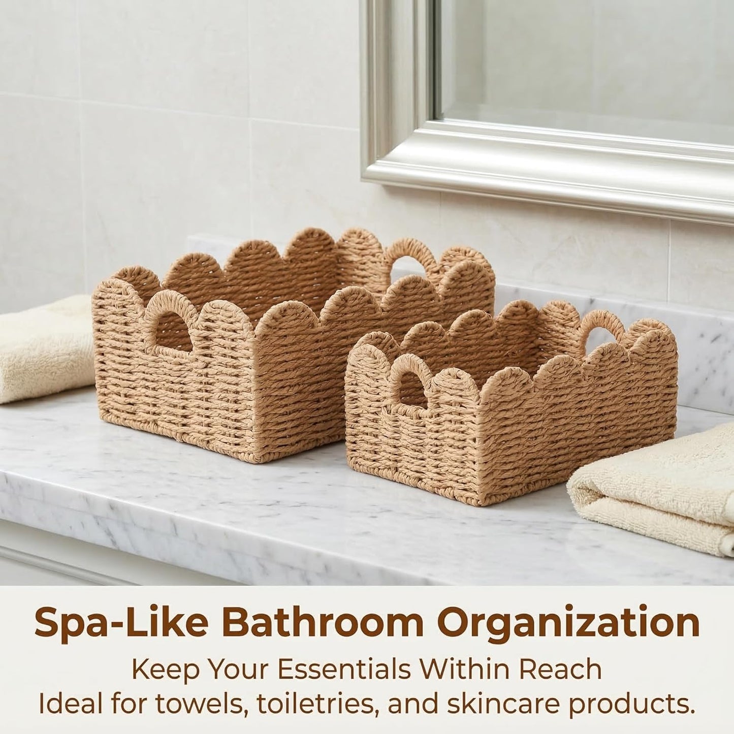 Scalloped Wicker Baskets / Tan / Set of 3