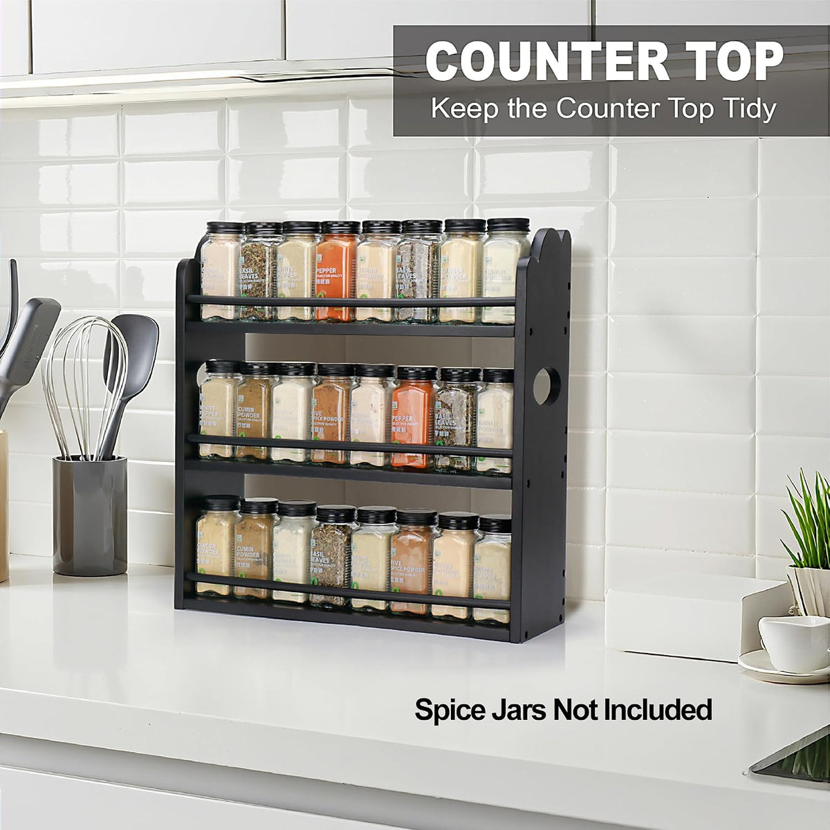 3-Tier Bamboo Spice Rack, Wall Mount & Countertop Spice Organizer | Seasoning Jars Rack Shelf Spice Organizer for