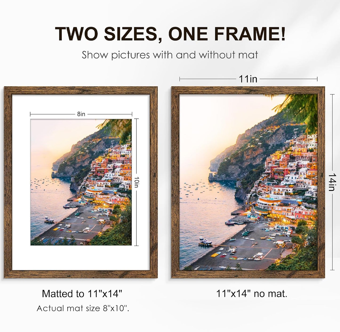 11x14 Picture Frame Set of 6, Wall or Tabletop Display, Rustic Brown | Display Pictures 8x10 with Mat or 11x14 without