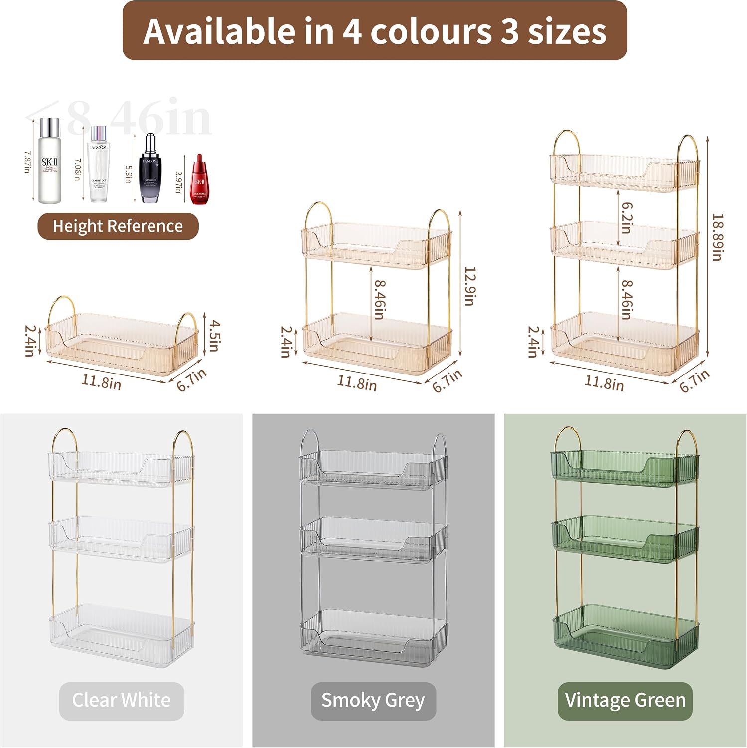 Akinbas 3 Tier Bathroom Organizer Countertop Makeup Perfume Tray Skincare Organizer for Bathroom Dresser Vanity (Gold)