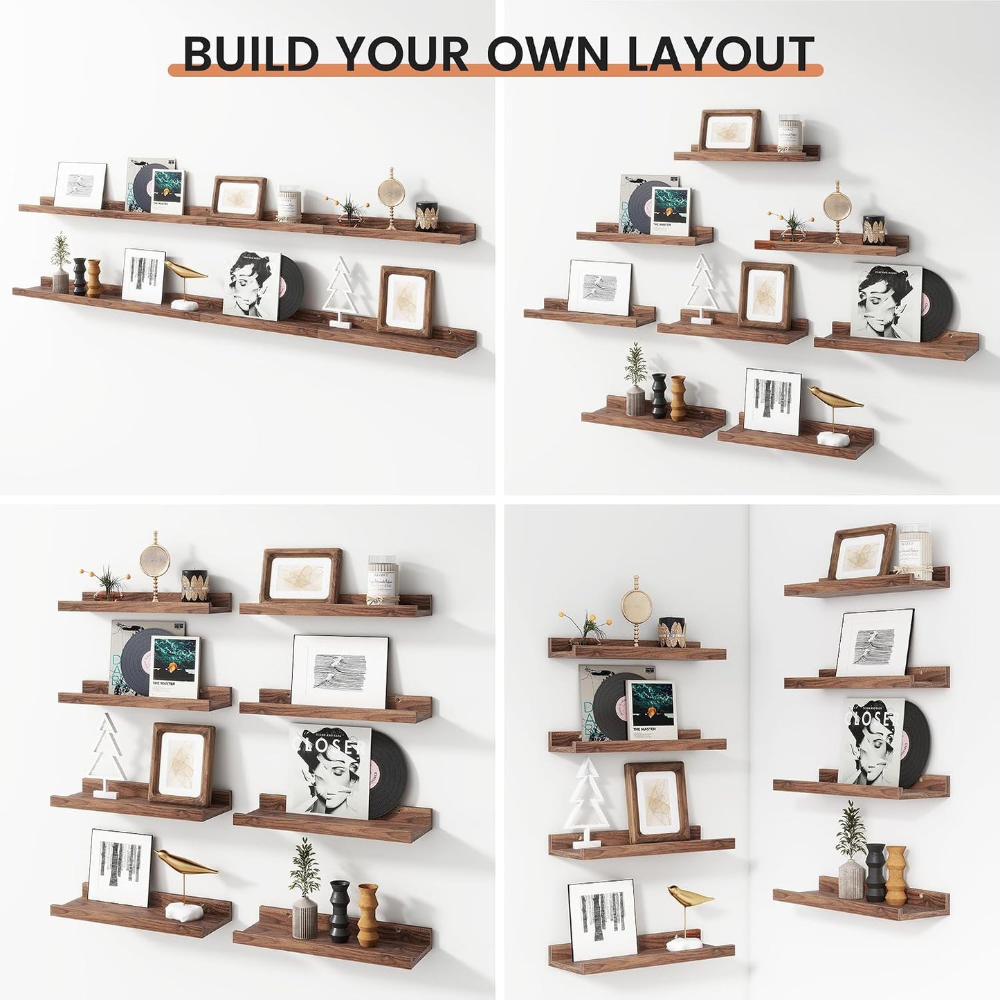 Floating Picture Ledge Shelves Set of 8, 16 Inch Shelves with Lip - Large Nursery Book Shelf for Toys Storage, Kids