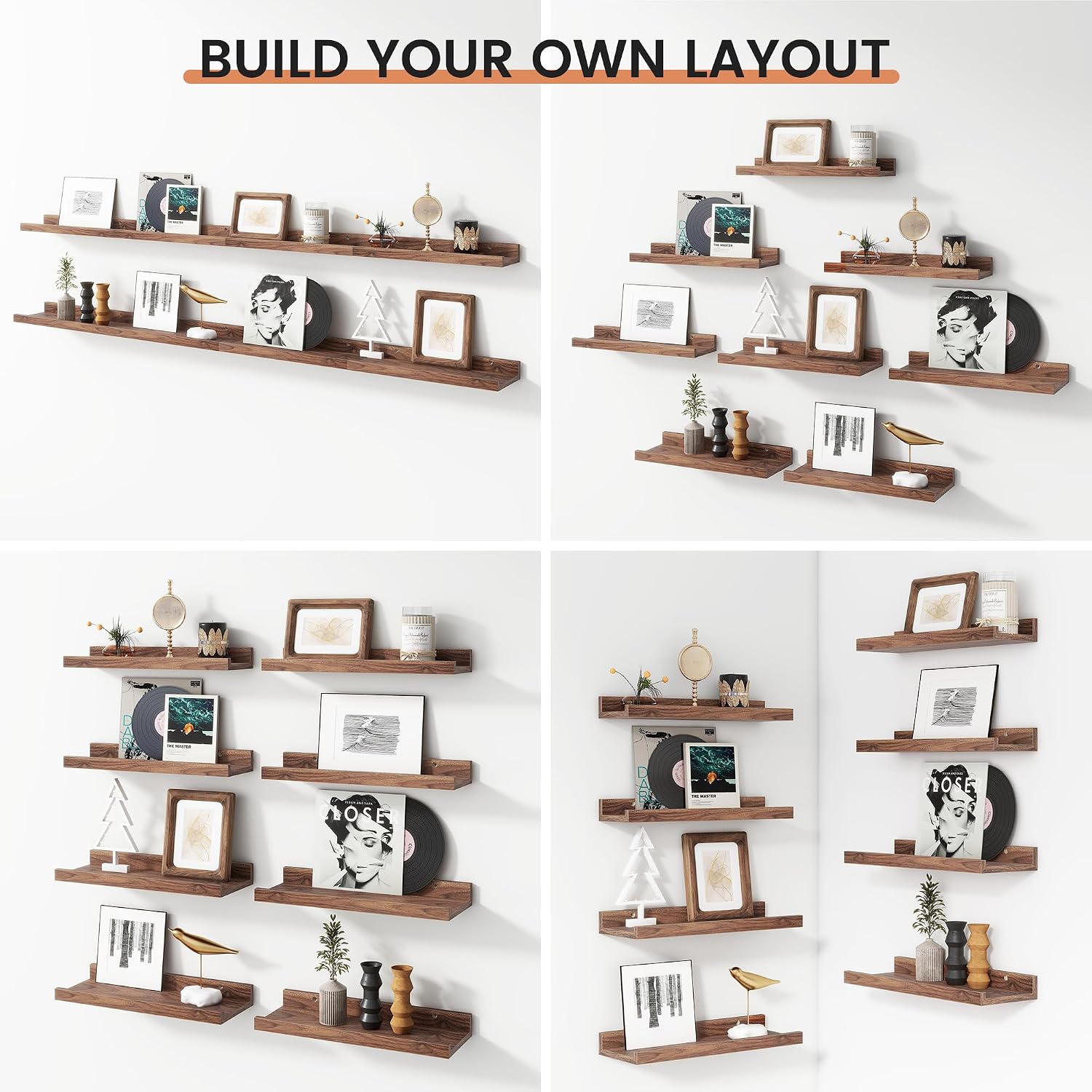 Floating Picture Ledge Shelves Set of 8, 16 Inch Shelves with Lip - Large Nursery Book Shelf for Toys Storage, Kids
