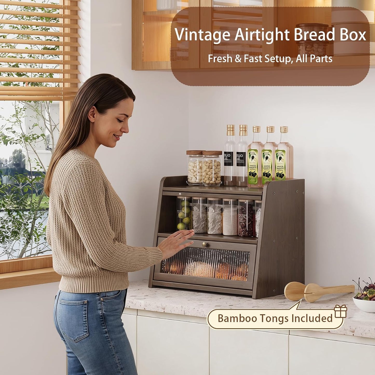 Large Bamboo Bread Box for Kitchen Countertop Bread Storage | Natural Bamboo, Corner Bread Box, Double Layer with Clear