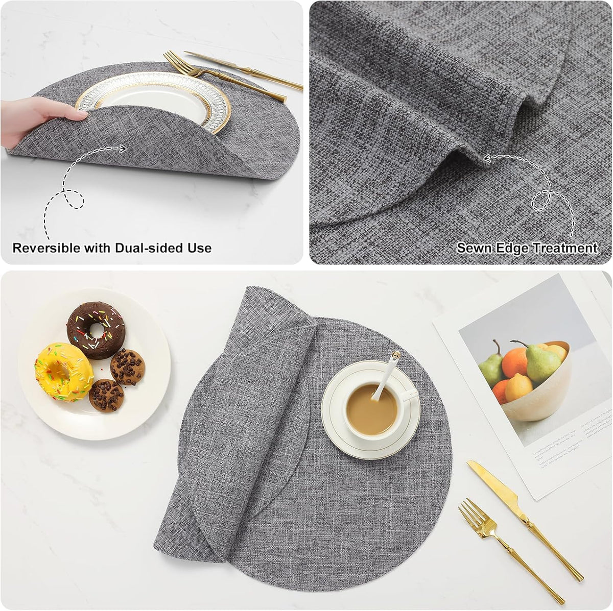 Cotton Linen 15 Inch Round Cloth Place mats, Set of 8, Dark Grey | Washable Table Mats, Heat Resistant, Reversible