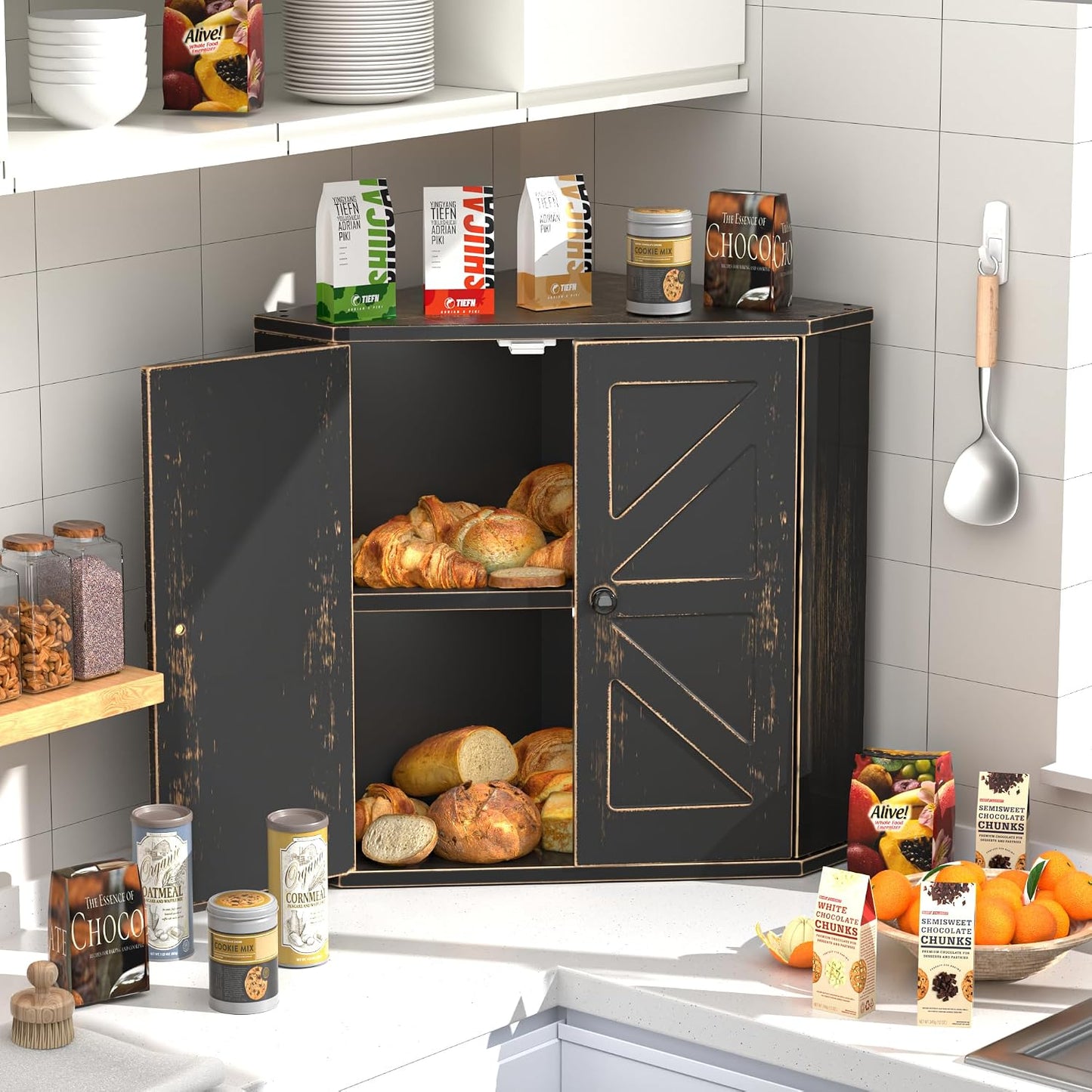 Corner Bread Box for Kitchen Countertop, Storage Container for Homemade Bread, Double Layer BreadBox, Large Capacity
