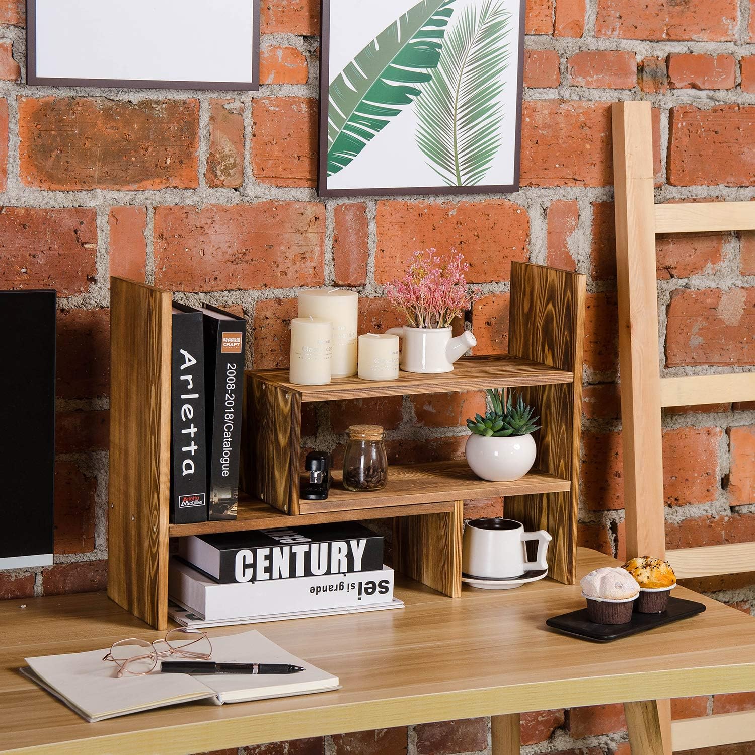 Adjustable Extendable Natural Wood Desktop Organizer Caddy Desk Organizer Countertop Shelf Bookcase Display Stand Rack