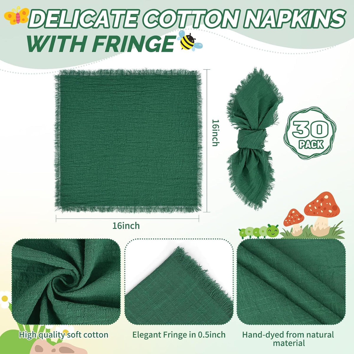 Showgeous 30 Pack Emerald Green Cloth Napkins with Fringe, 16x16 inch | 100% Cotton Green Napkins Handmade Dinner