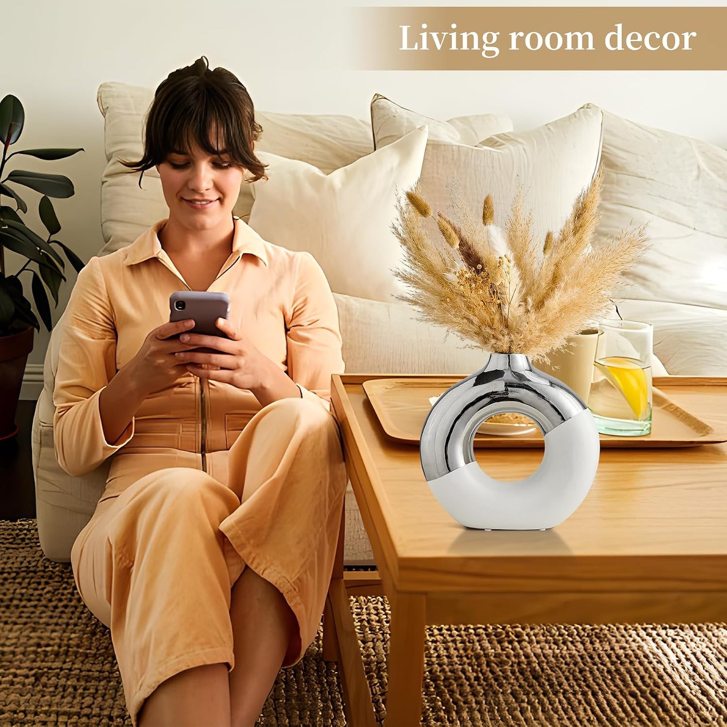 Ceramic Donut Vase / White & Silver / Large