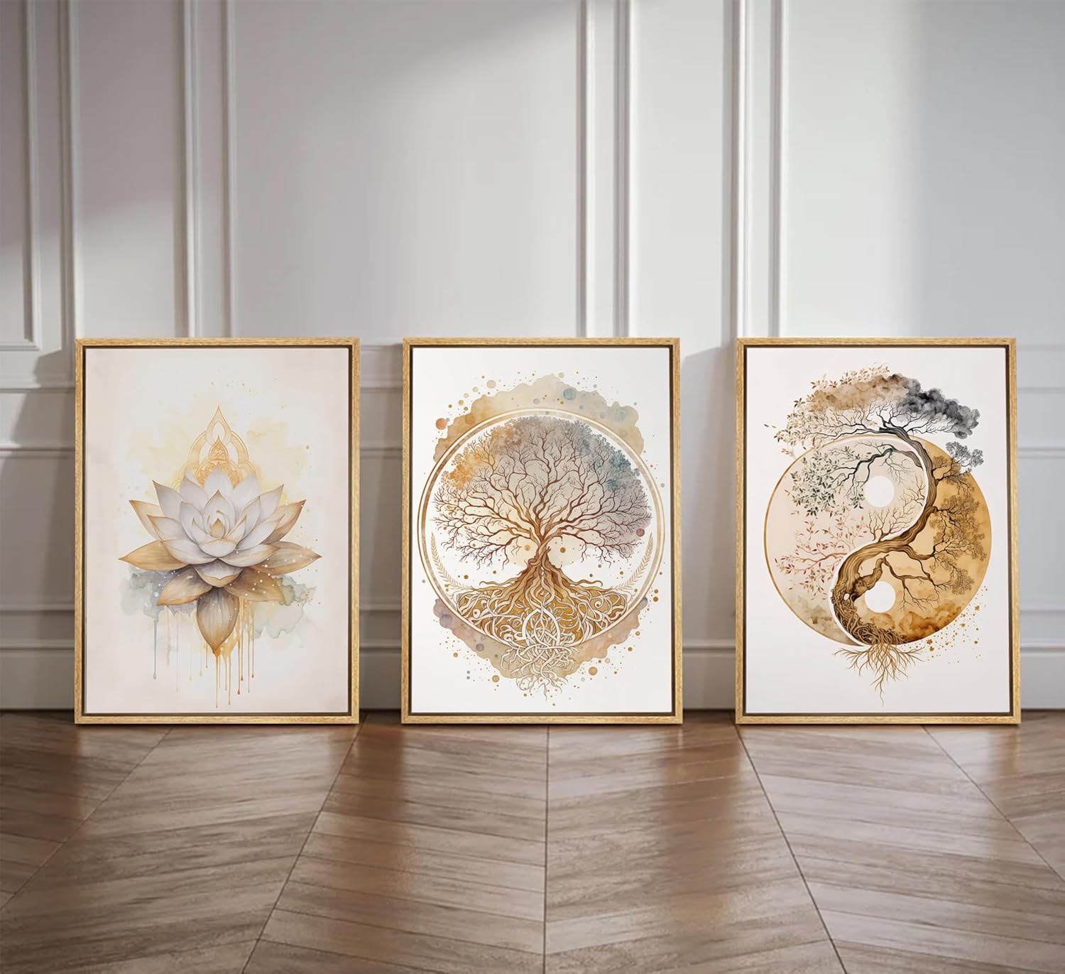 Tree of Life Canvas Wall Art Lotus Zen Painting / Wood Grain Frame / Framed / 16"L x 12"W / Gold
