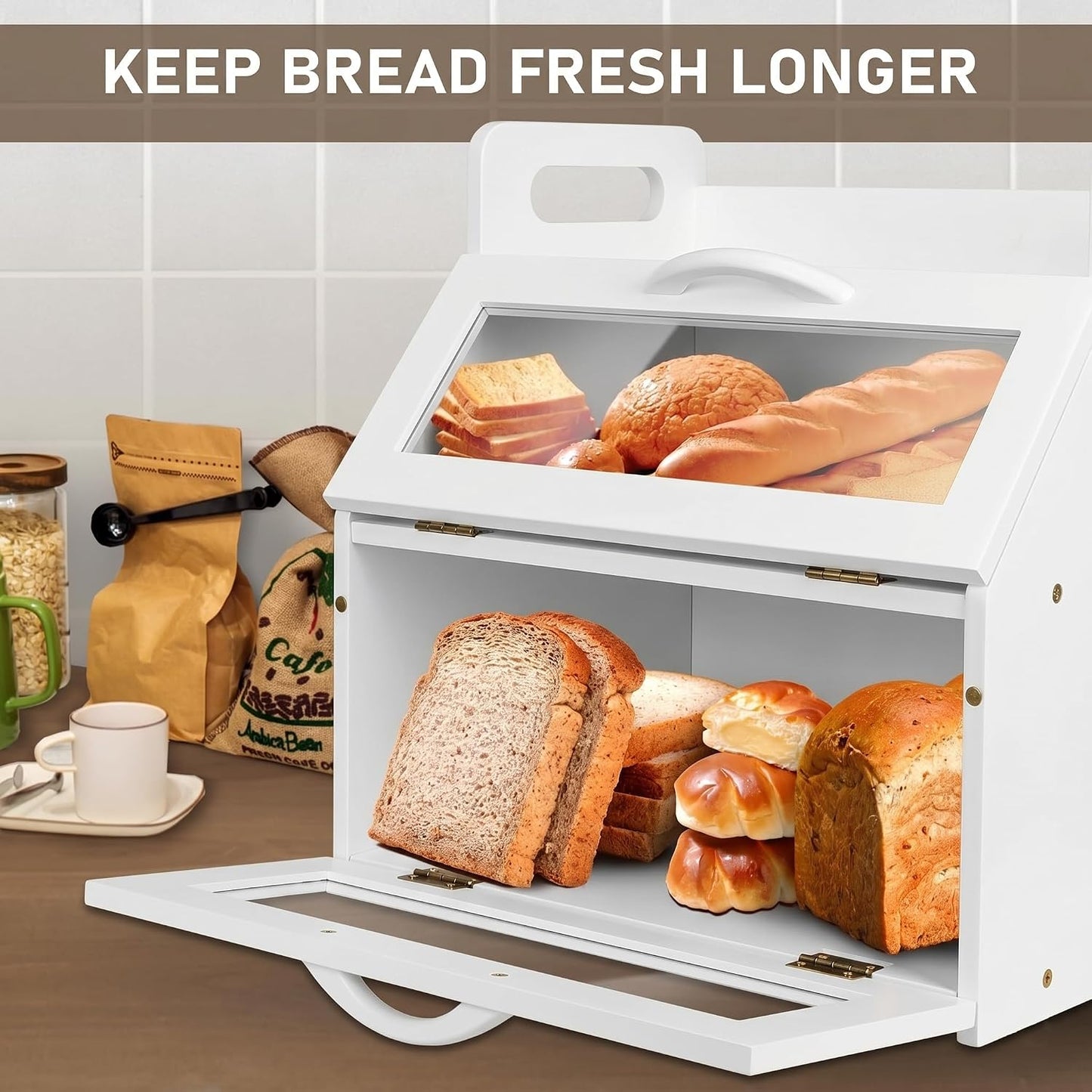 BAMBANG Bread Box for Kitchen Countertop, Extra Large Double Layer Bamboo Breadbox with Clear Window, Farmhouse Wooden