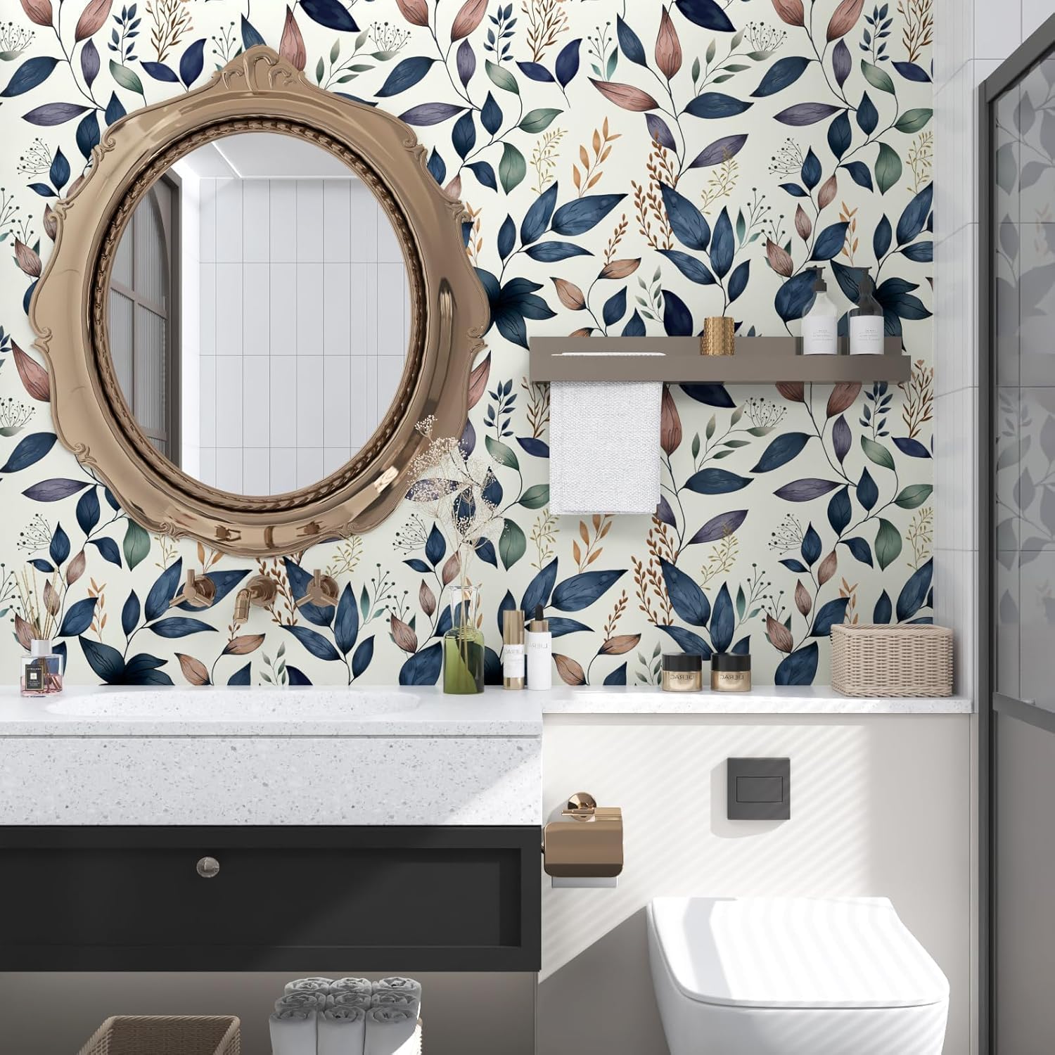 Vintage Leaves Peel and Stick Wallpaper Waterproof Contact Paper / 17.4 x 197 / Navy