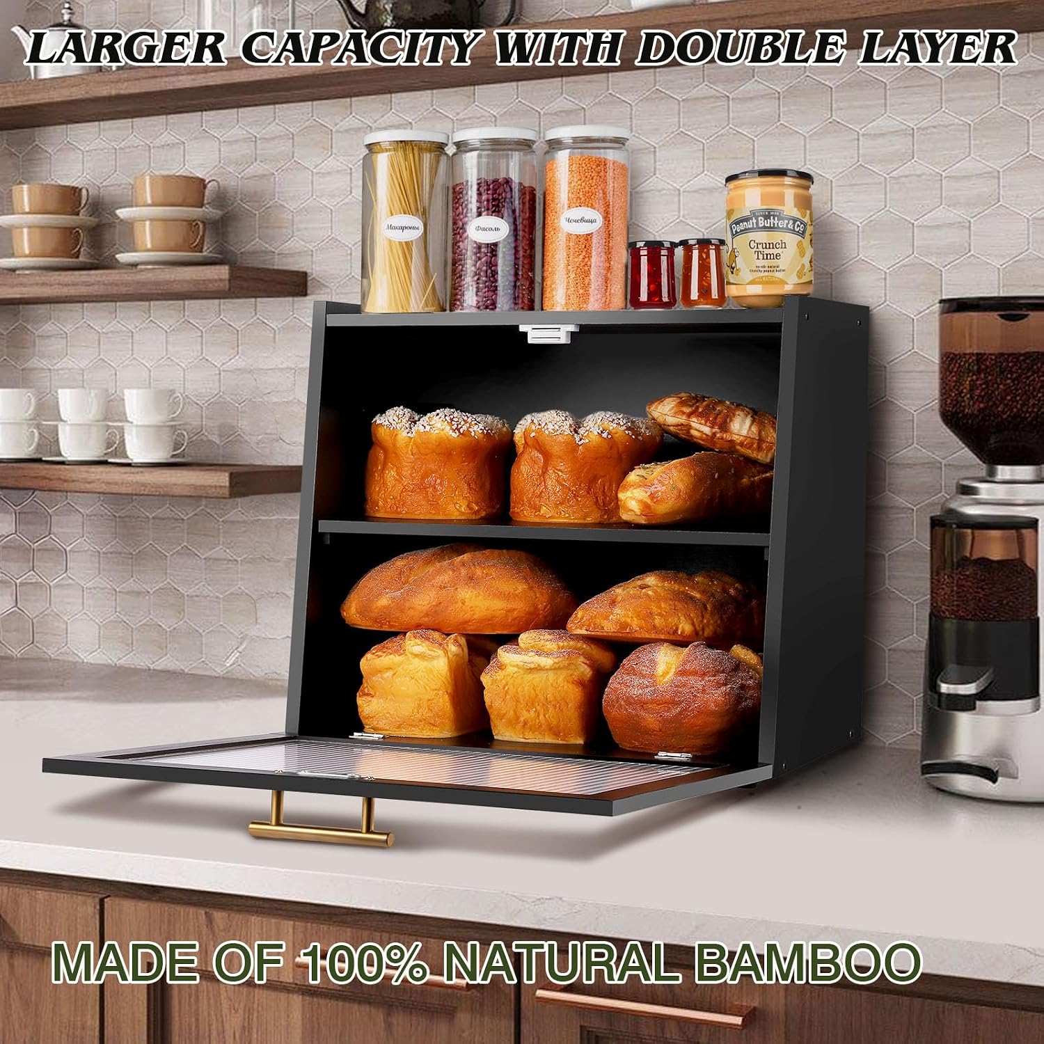 Joyvilla Double Layer Bamboo Bread Box for Kitchen Countertop, Bread Storage Container, Black Bread Box with Window