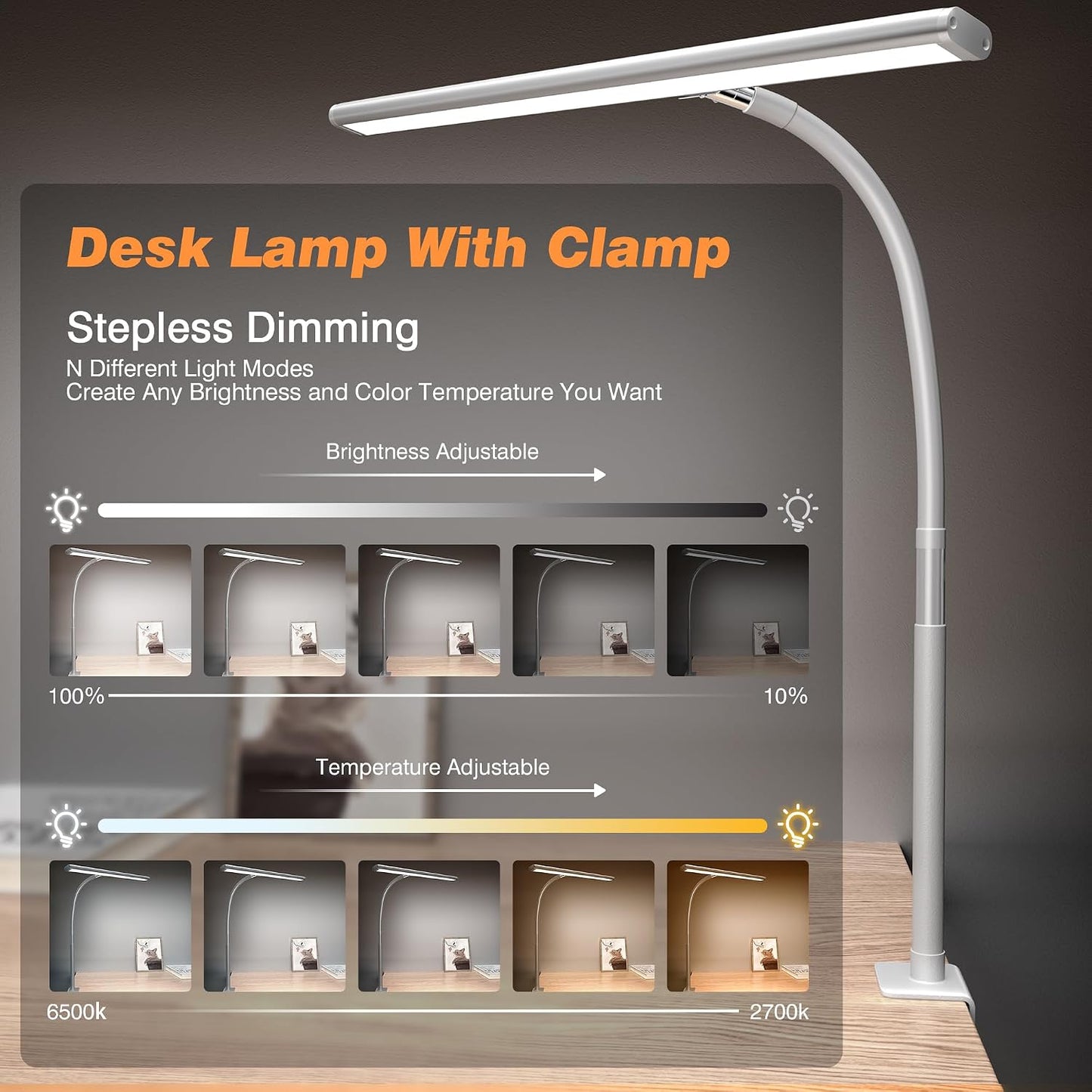 Airlonv LED Desk Lamp with Clamp, 17" Stepless Dimming Light, White | 2700K-6500K, 100 LEDs, 360° Gooseneck, Fits Up to