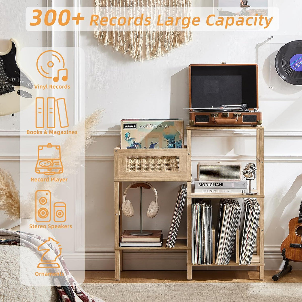 Record Player Stand, Natural Oak Wood Record Holder with Vinyl Storage Holds up to 300+ Albums, 3-Tier Rattan Media