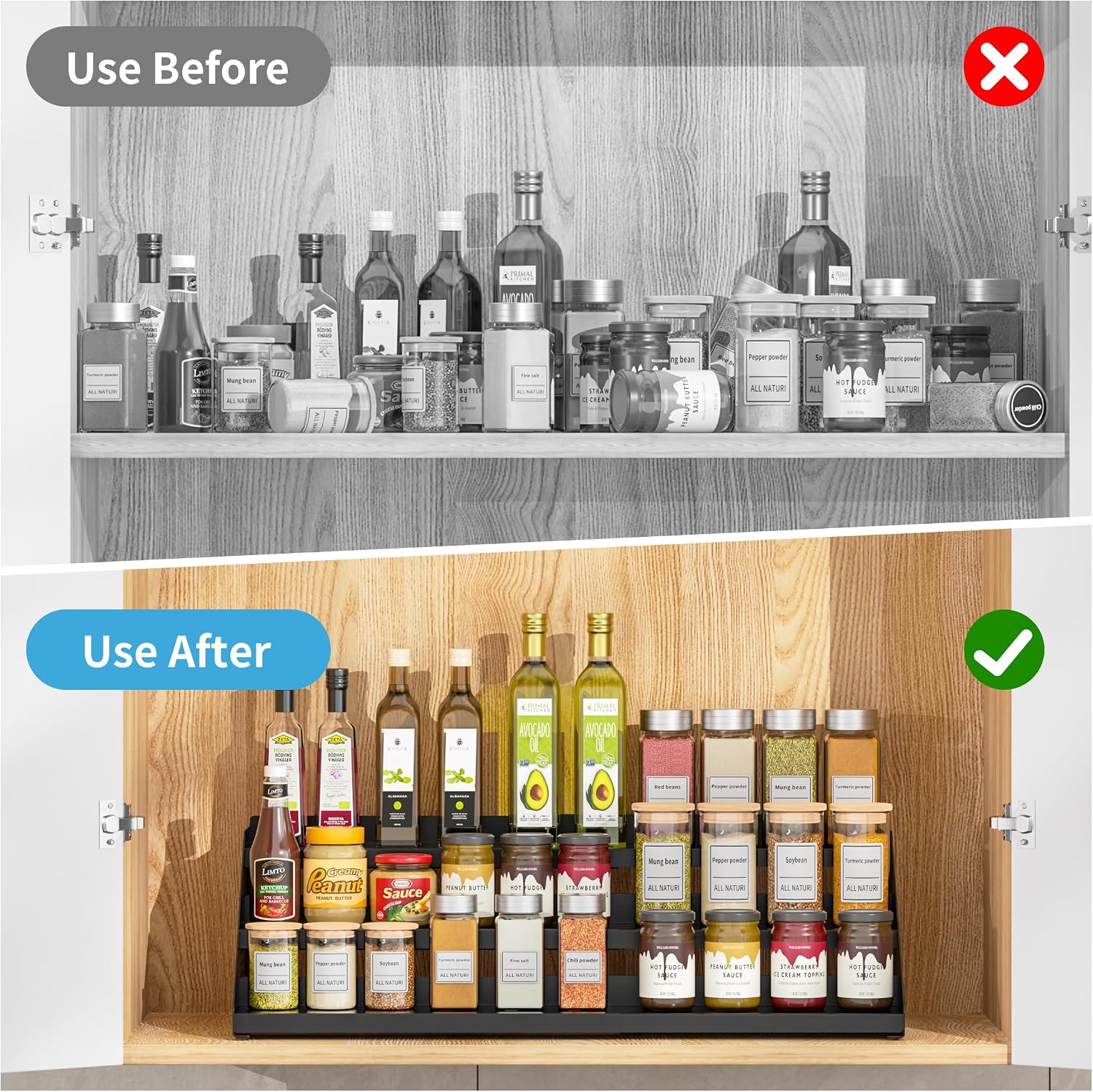 BOIVSHI 3 Tier Spice Rack for Cabinet, Adjustable Shelf, Black | Expandable Width 13"-22" Spice Organizer for