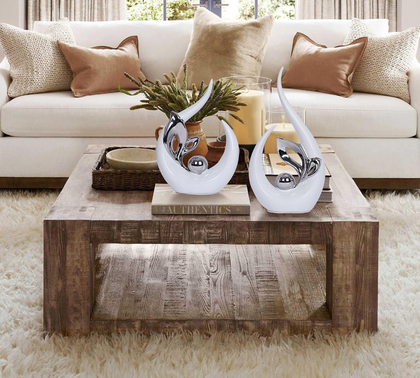 White Decor Accent Ceramic Statue Mid Century Modern Home Decor Accents / White Silver / Set of 2