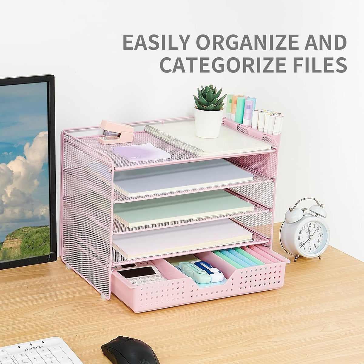 LEKETREE Desk Organizers and Accessories, 5-Tier Paper Letter Tray Organizer with Drawer & 2 Pen Holders, Desktop
