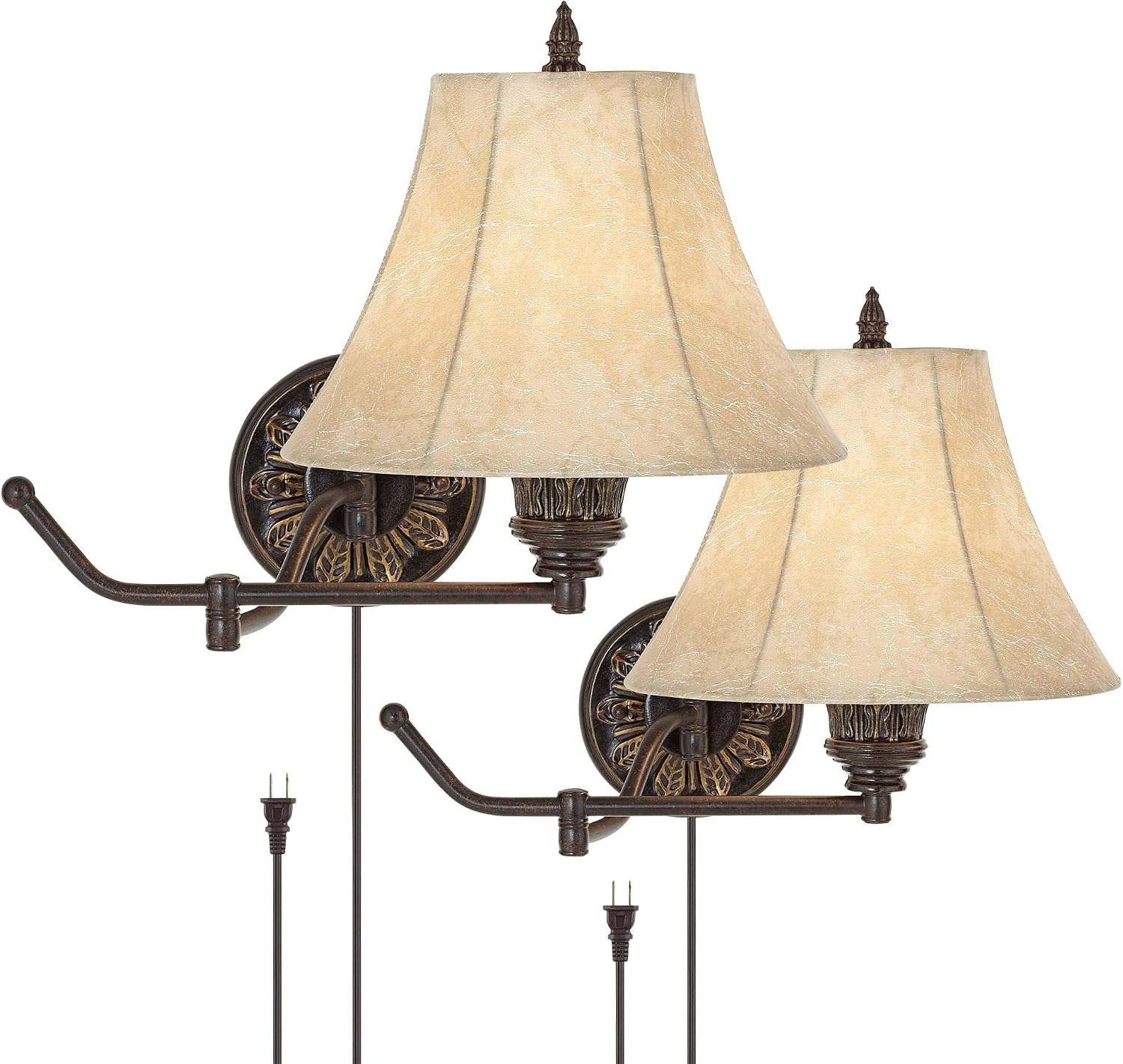Rosslyn Bronze Plug-In Swing Arm Wall Lamps Set of 2 Rustic Light Fixture | French Country Faux Leather Bell Shade for