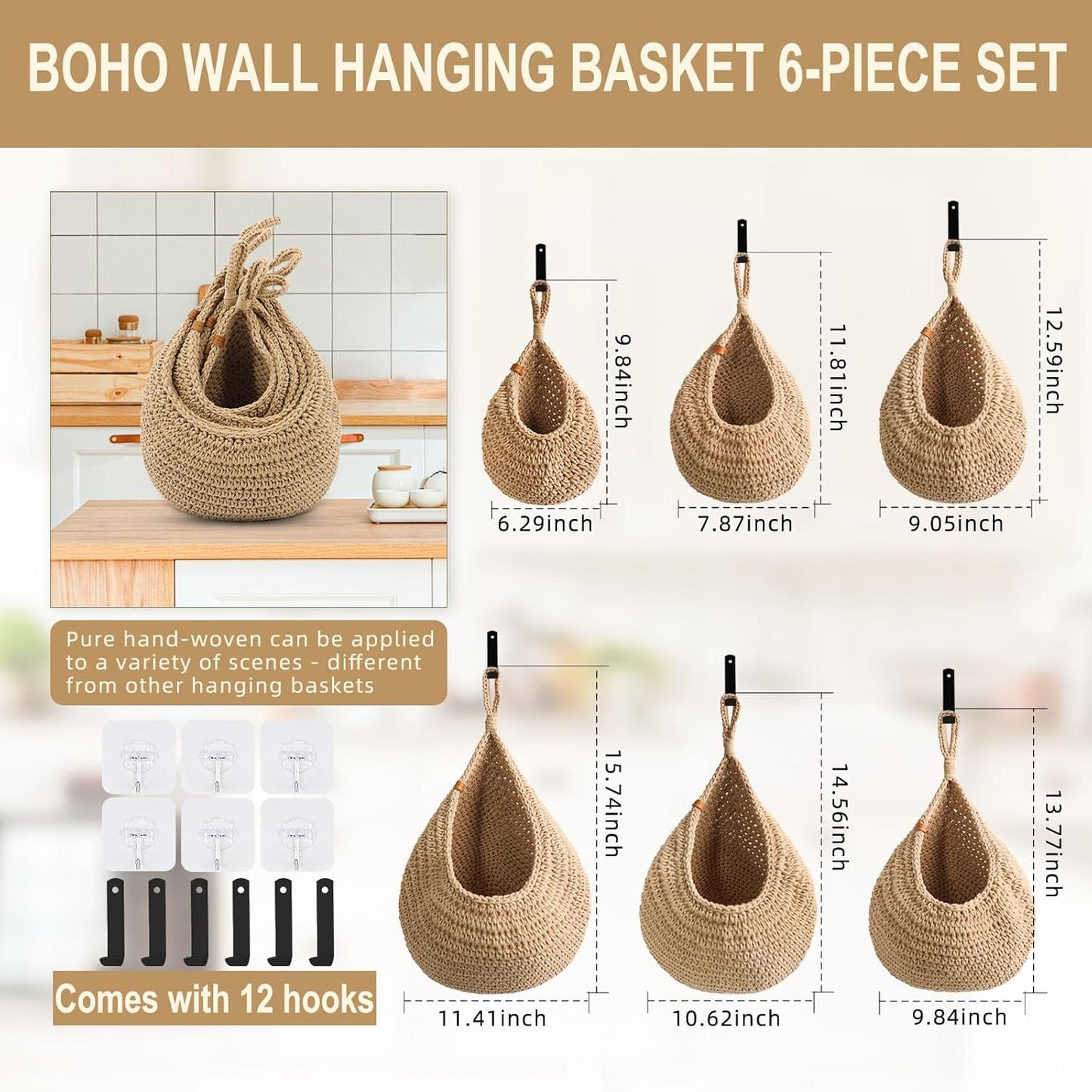 Boho Wall Hanging Basket / Brown / Set of 6