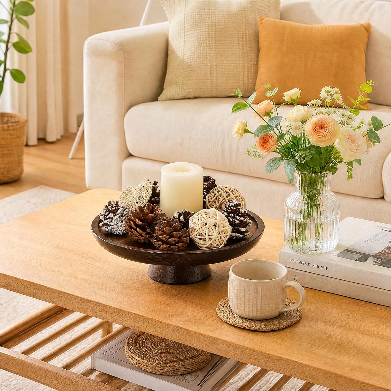 Wooden Key Bowl for Entryway Table Small Key Dish Pedestal Bowl for Fruit Candy / 7.9 Inches / Brown
