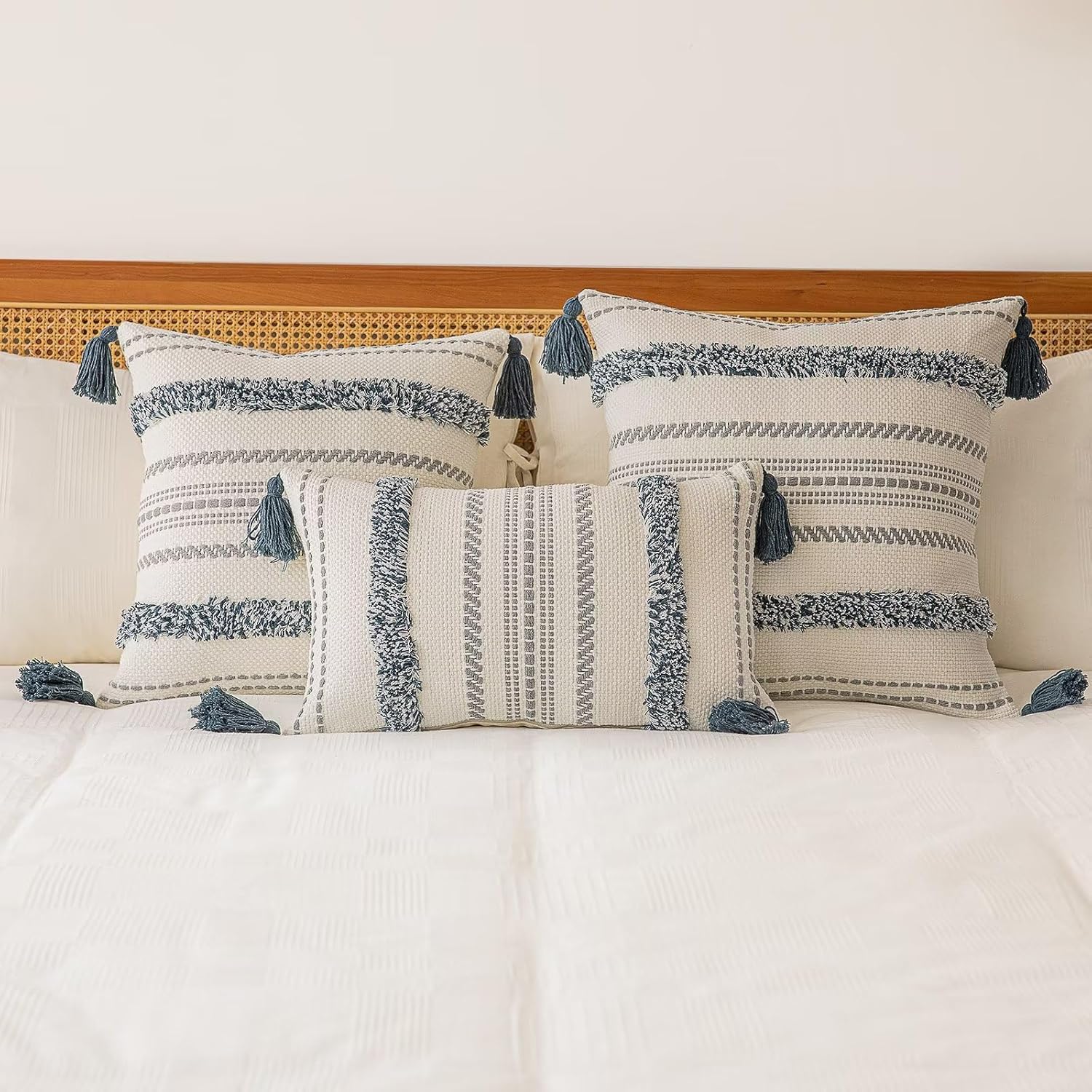 Boho Throw Pillow Covers Woven Tufted Farmhouse Pillows Cover / Dark Blue / 20 x 12 / Set of 2