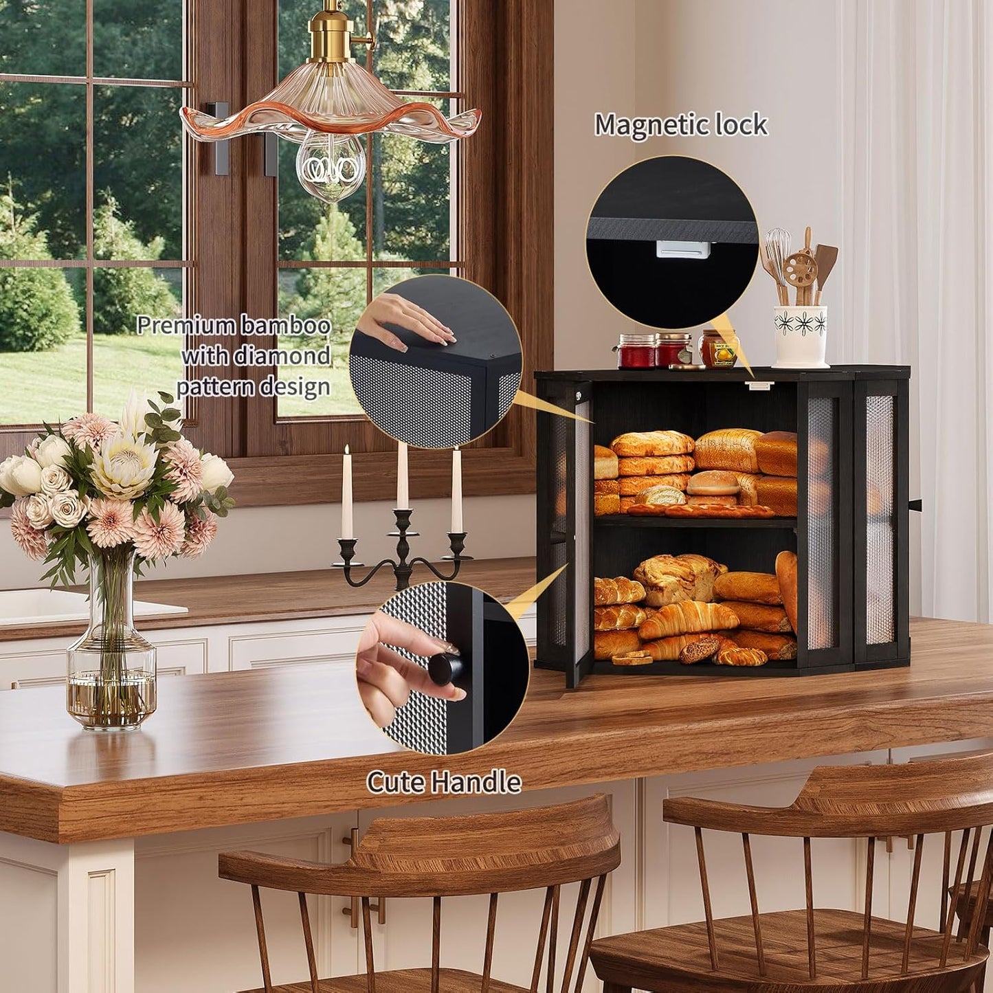 Corner Bread Box for Kitchen Countertop,Bread Storage for Homemade Bread, Double Layer Large Bamboo Kitchen Storage Bin