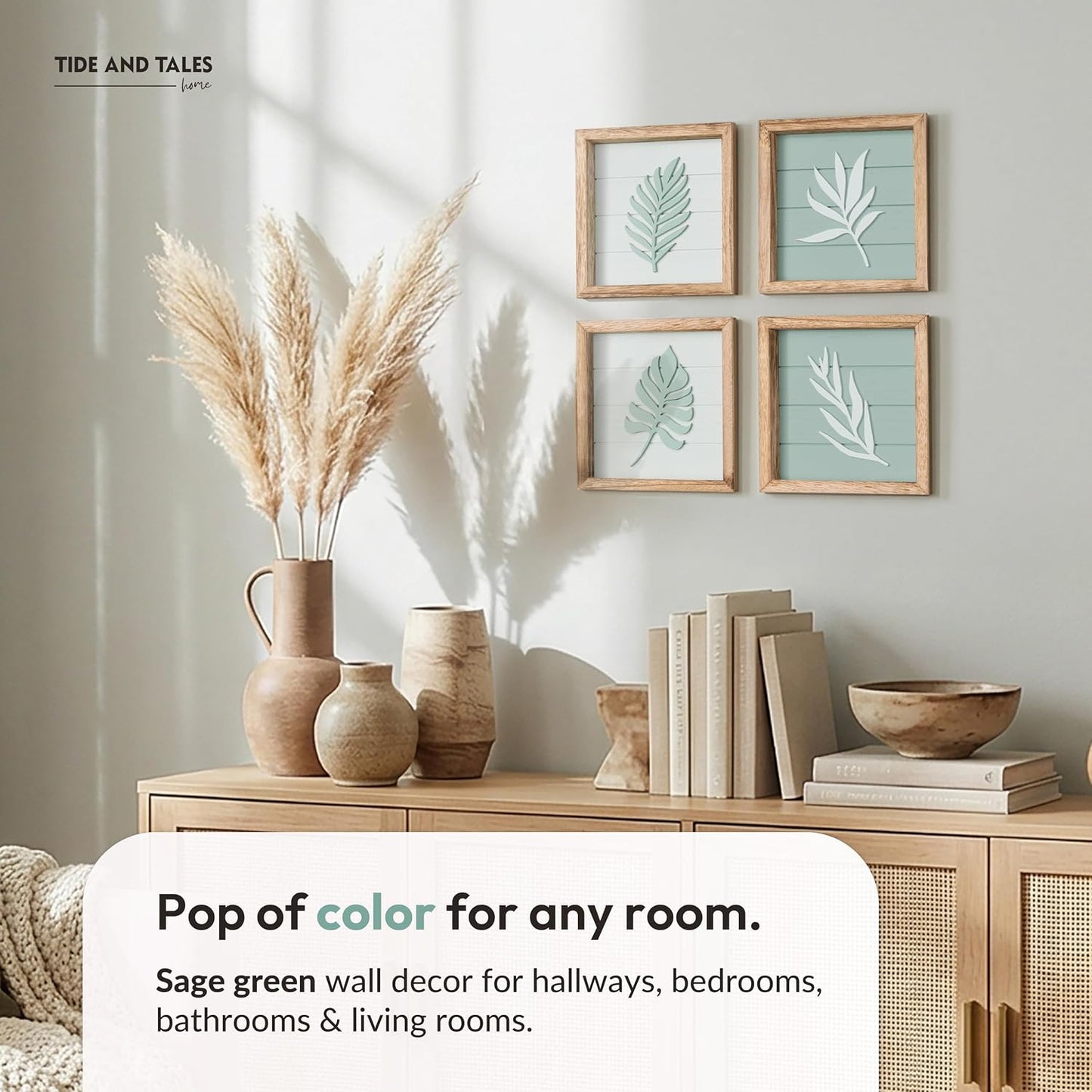 Textured Boho Botanical Bathroom Art Wall / Sage Green / Framed / 7 x 7 / Set of 4