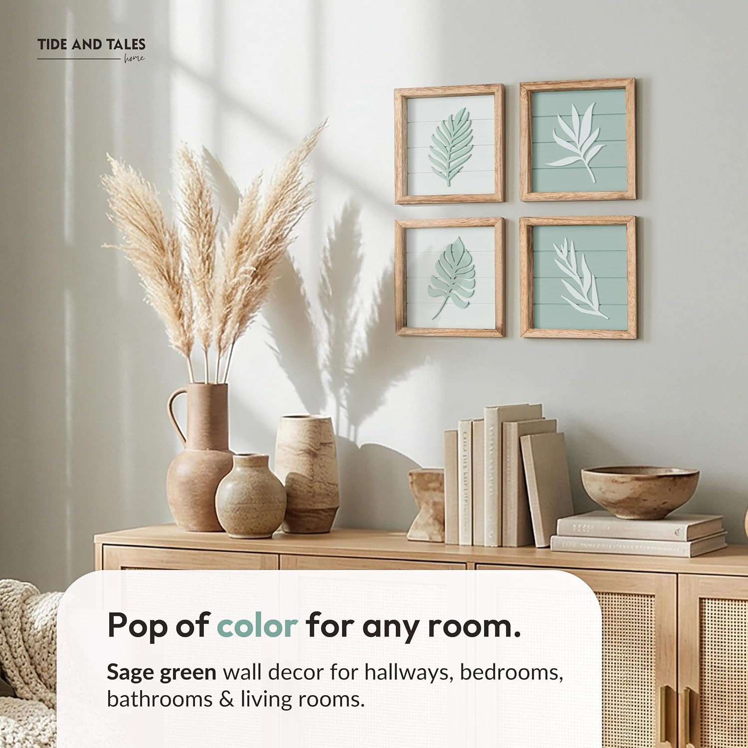 Textured Boho Botanical Bathroom Art Wall / Sage Green / Framed / 7 x 7 / Set of 4