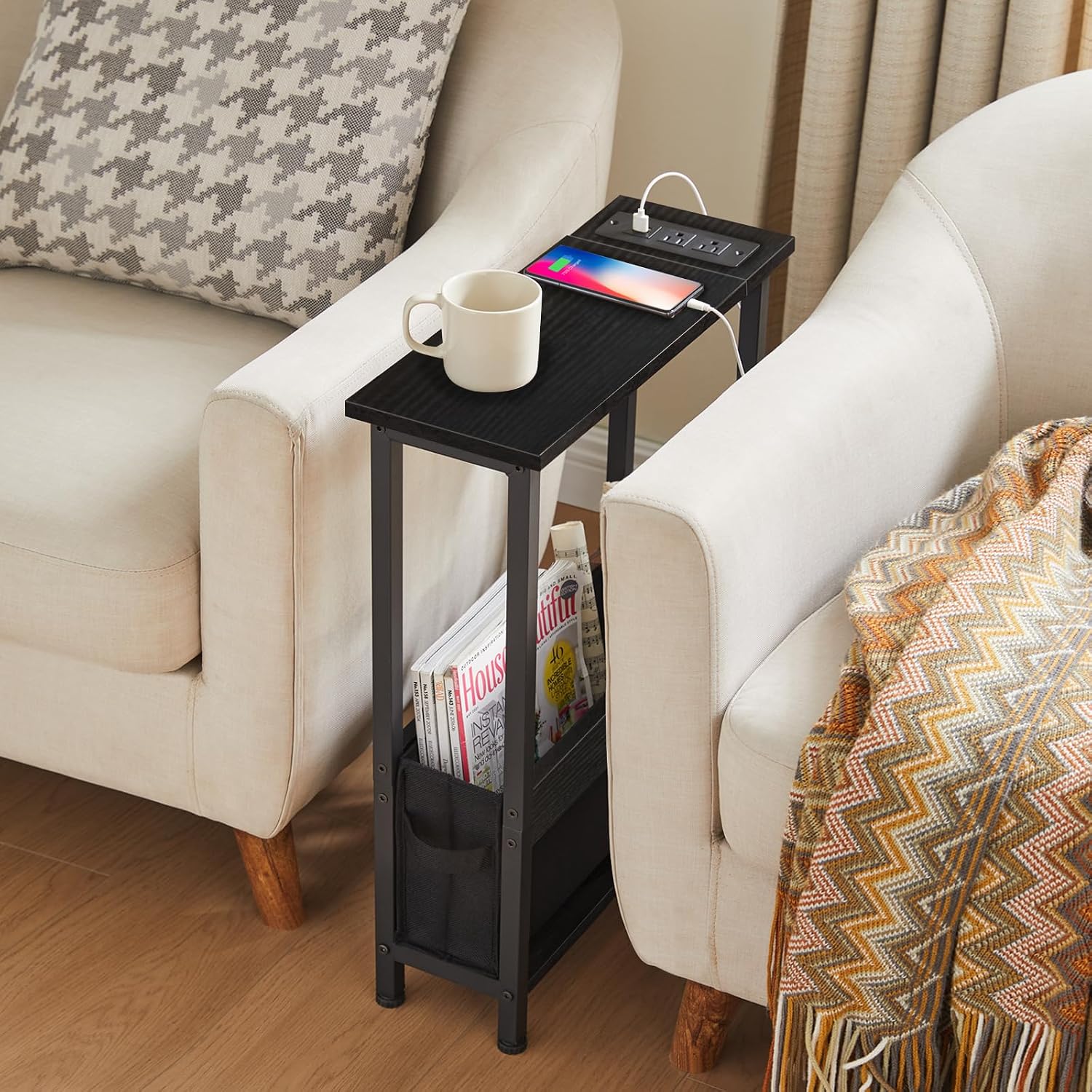 BAMGROW Slim Charging End Table with Storage - for Small Spaces and Bedroom (Black)