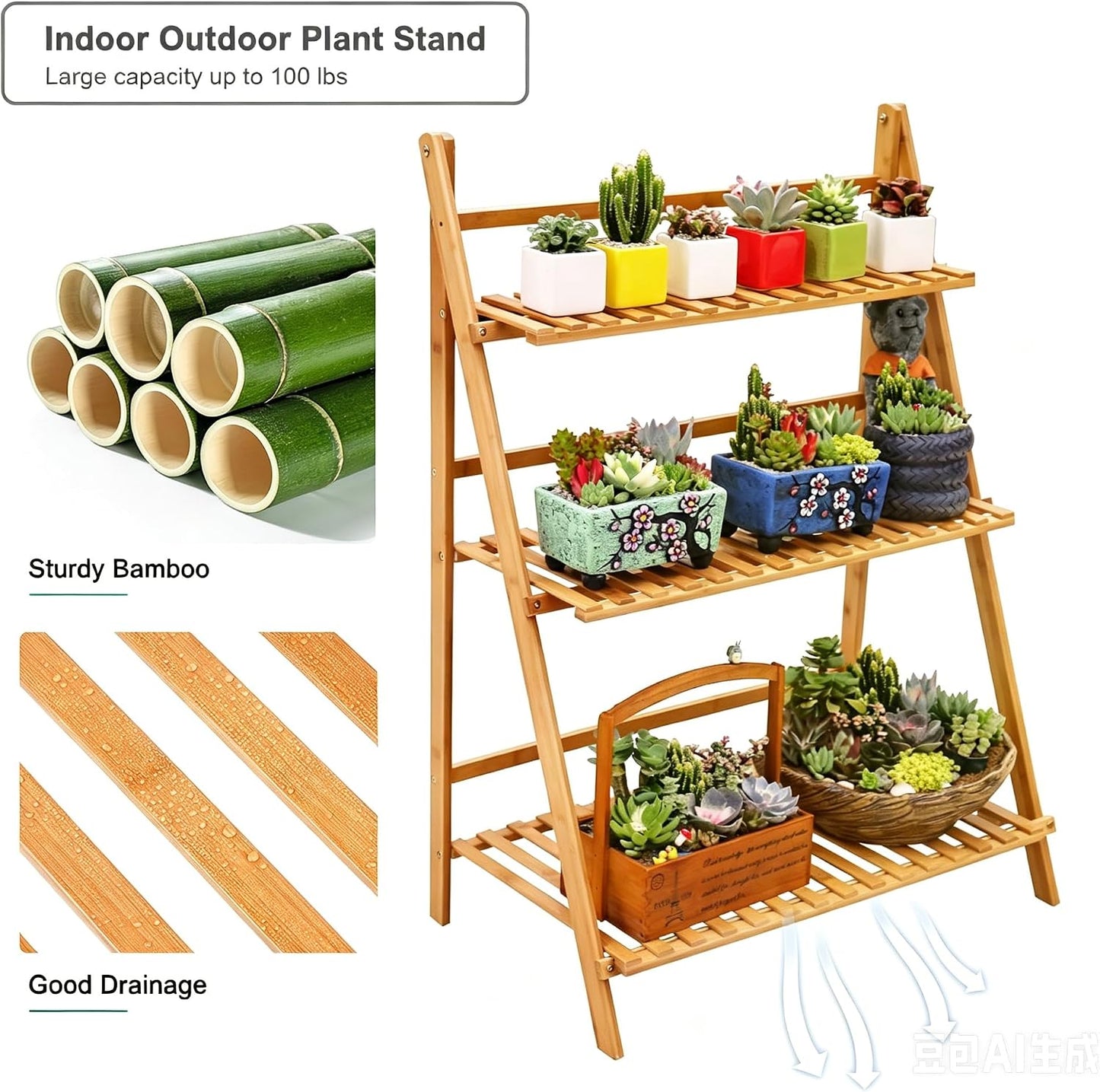 Ufine Bamboo Ladder Plant Stand 3 Tier Foldable Flower Pot Display Shelf | Indoor Outdoor Planter Organizer Holder