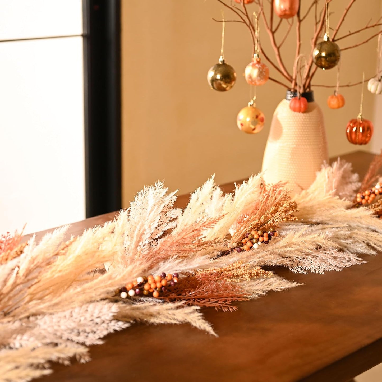 Pre-Lit Light Up Artificial Faux Pampas Grass Garland / Orange and Gold / 6 Inch