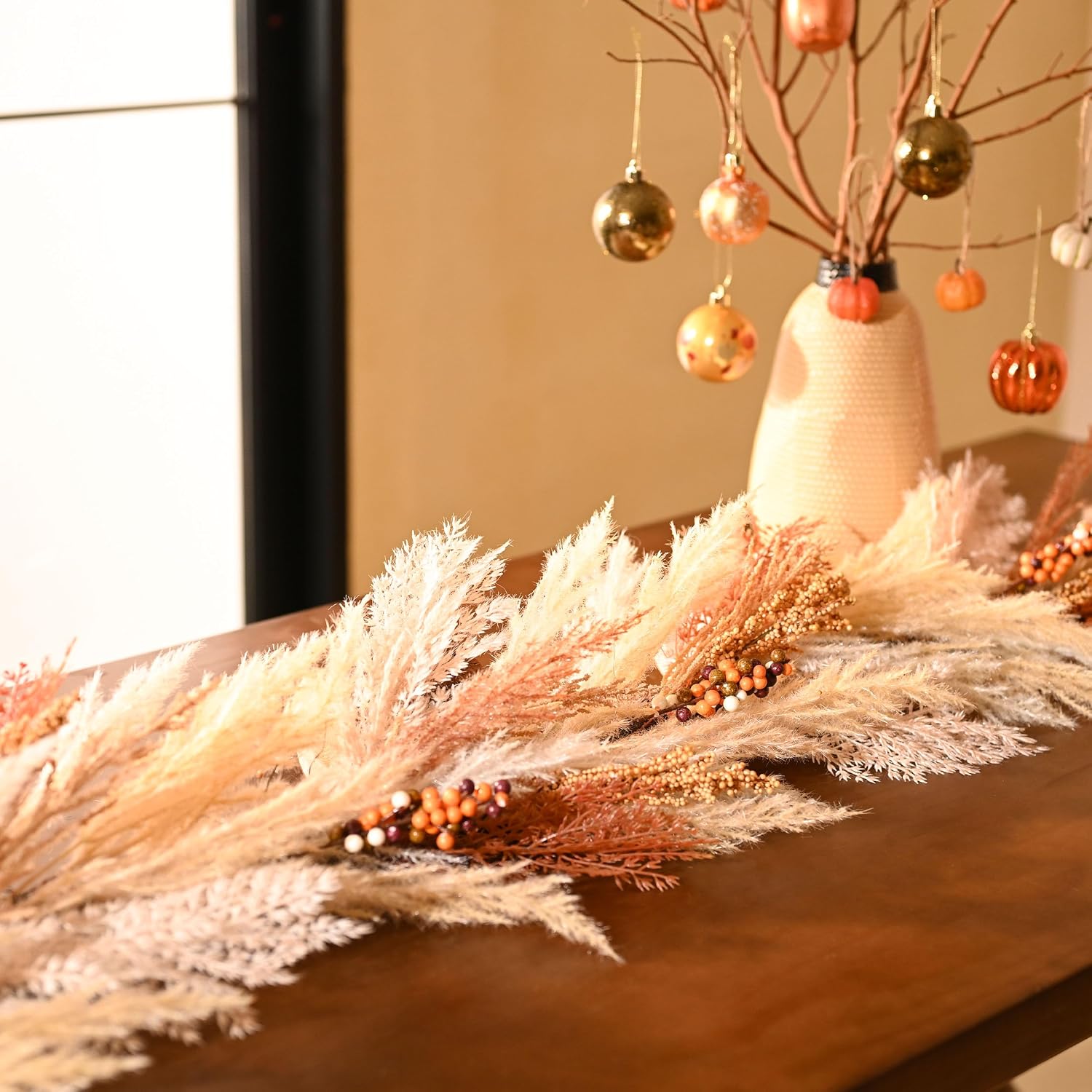 Pre-Lit Light Up Artificial Faux Pampas Grass Garland / Orange and Gold / 6 Inch
