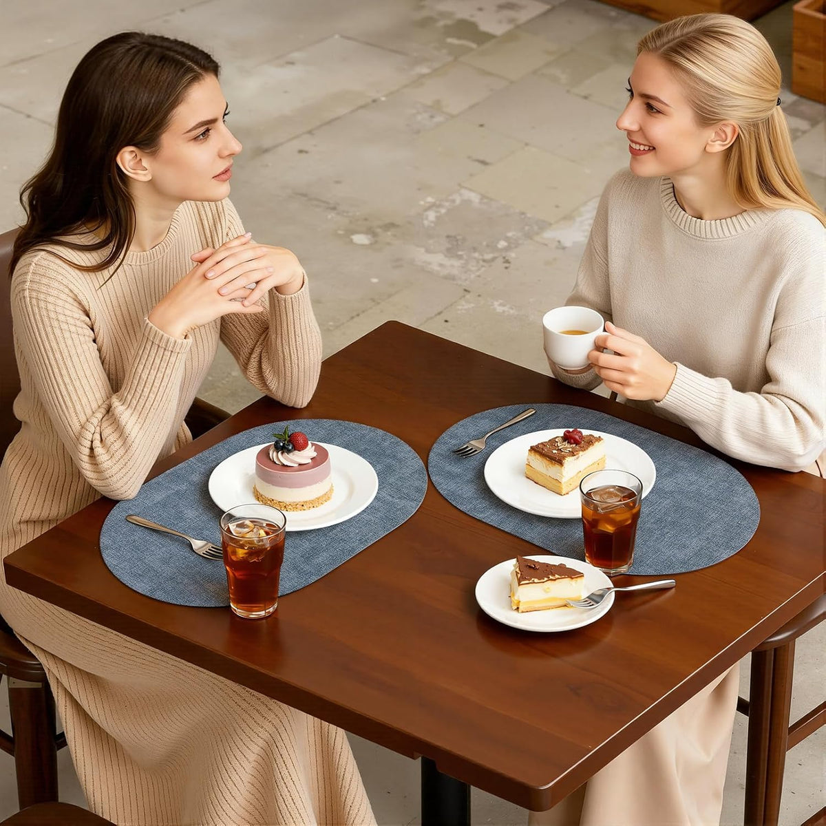 Placemats Set of 6, 11.8 x 17 Inch, Blue | Heat Resistant Oval Faux Leather Place Mats, Waterproof Wipeable Reversible