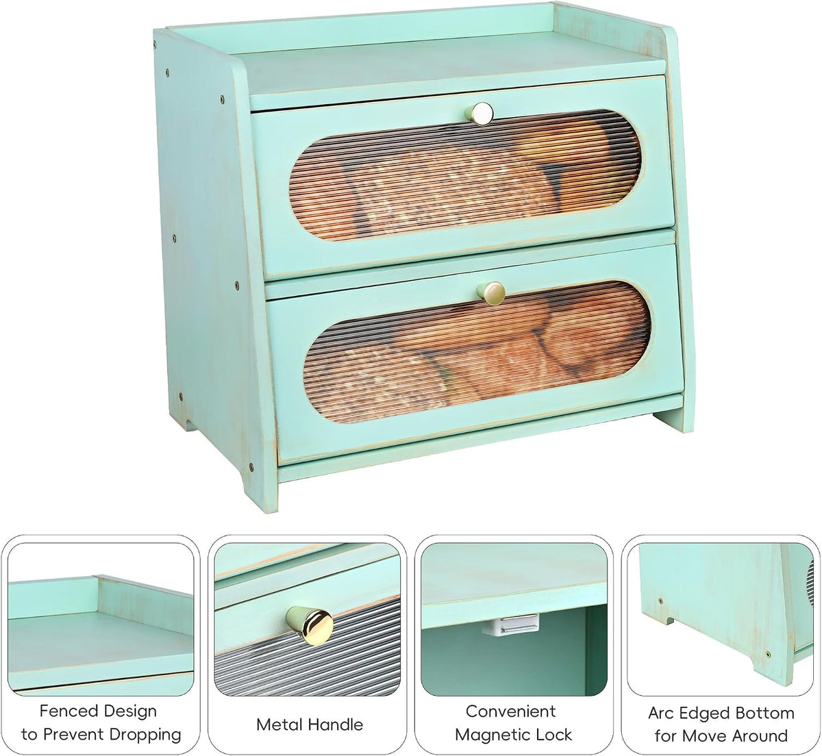 2-Tier Green Bread Box for Kitchen Countertop with Window | Farmhouse Bread Storage Container, Large Pantry Organizers