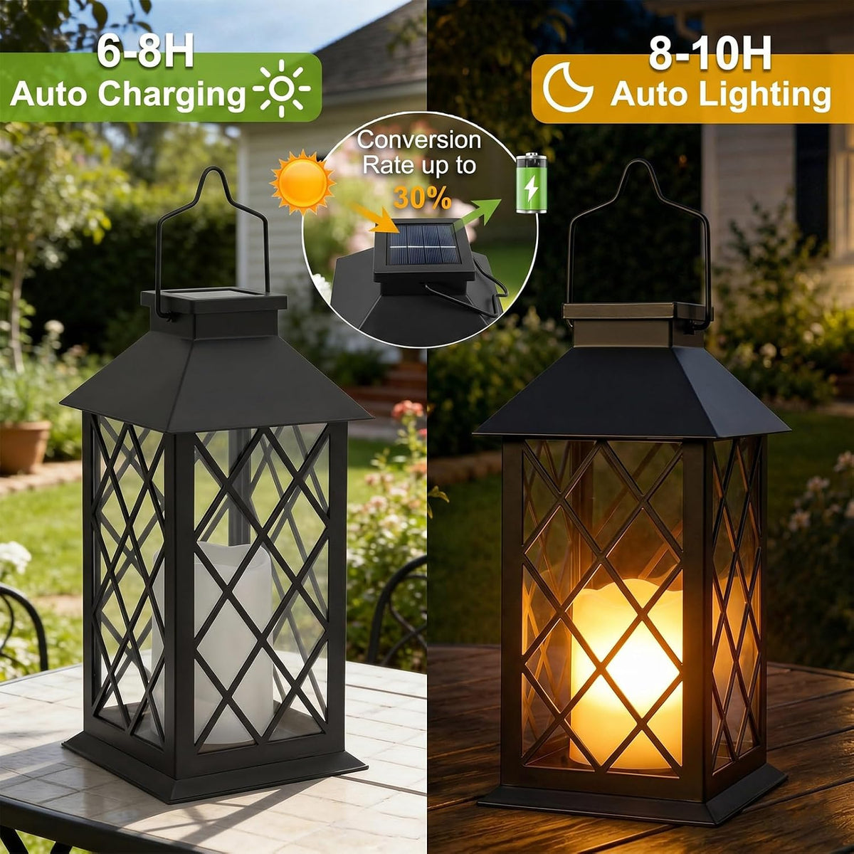 Black Outdoor Solar Lanterns, 14'' Large Solar Lanterns Outdoor Waterproof | Tempered Glass Outdoor Lanterns with