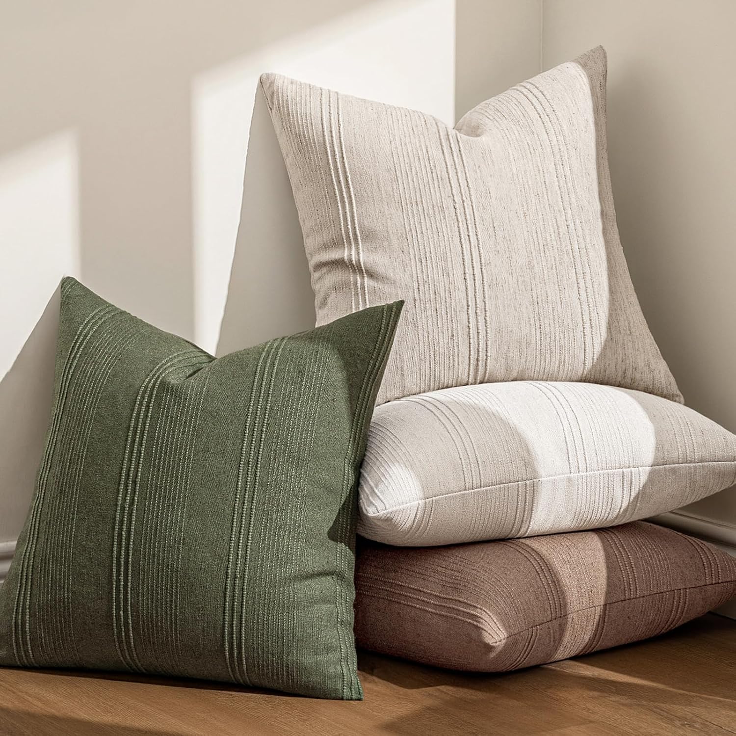 Striped Throw Pillow Covers Decorative Textured Pillow Covers / 18 x 18 / Natural Linen / Set of 2