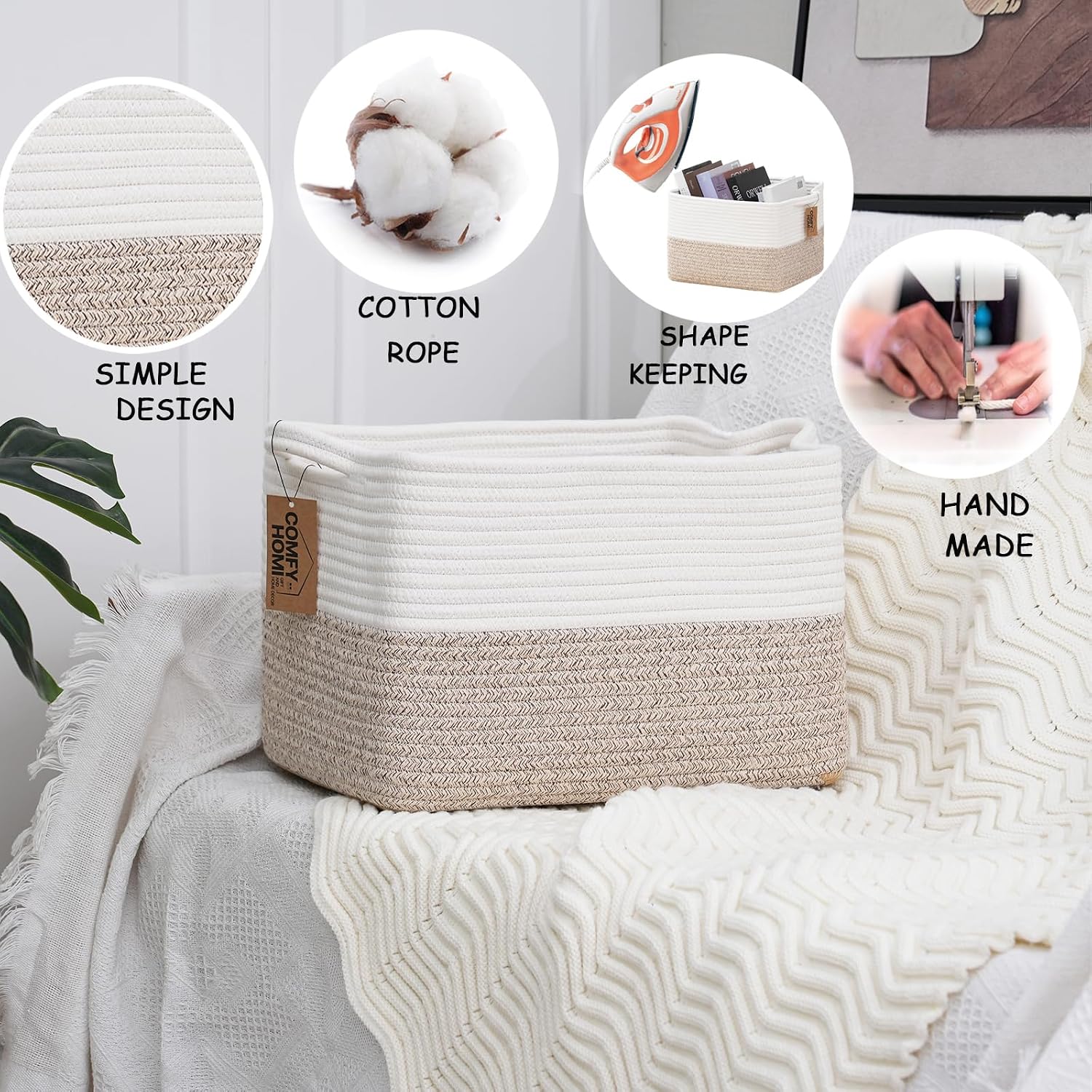 Cotton Rope Woven Basket / 13.5 x 11 x 9.5 / White/brown