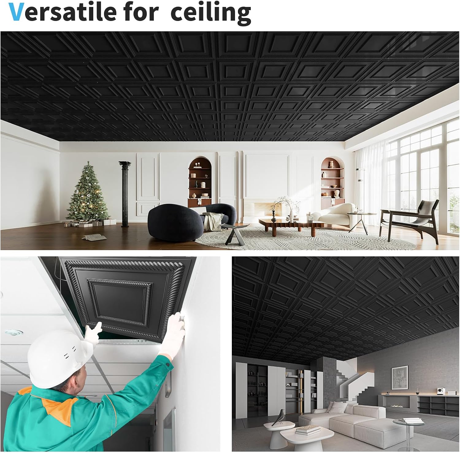 PVC Lightweight Drop Ceiling Tile / Square Black / 24 x 24 / Set of 12