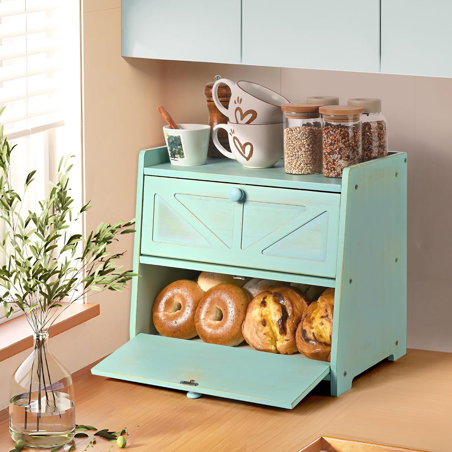 Bamboo Corner Bread Box for Kitchen Countertop 2-Tier Green | Farmhouse Bread Storage Container, Large Pantry