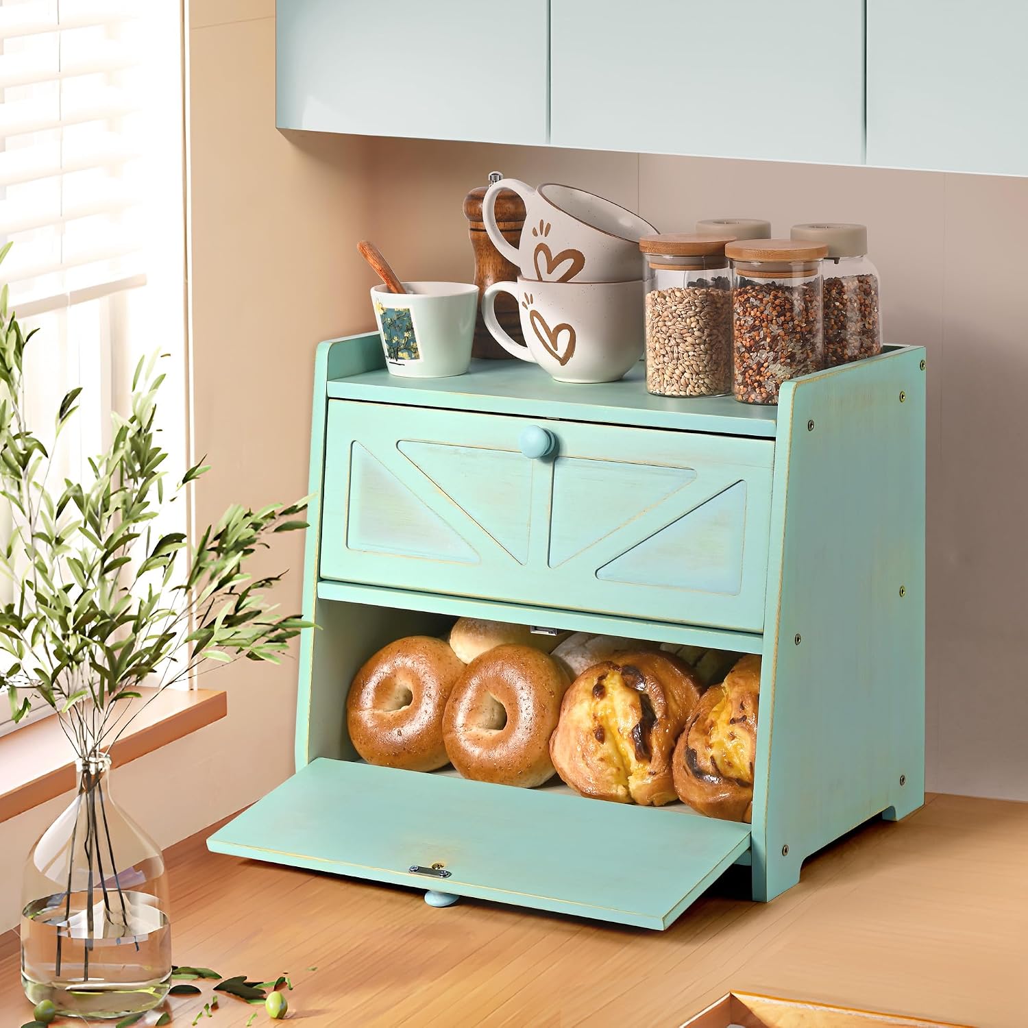 Bamboo Corner Bread Box for Kitchen Countertop 2-Tier Green | Farmhouse Bread Storage Container, Large Pantry