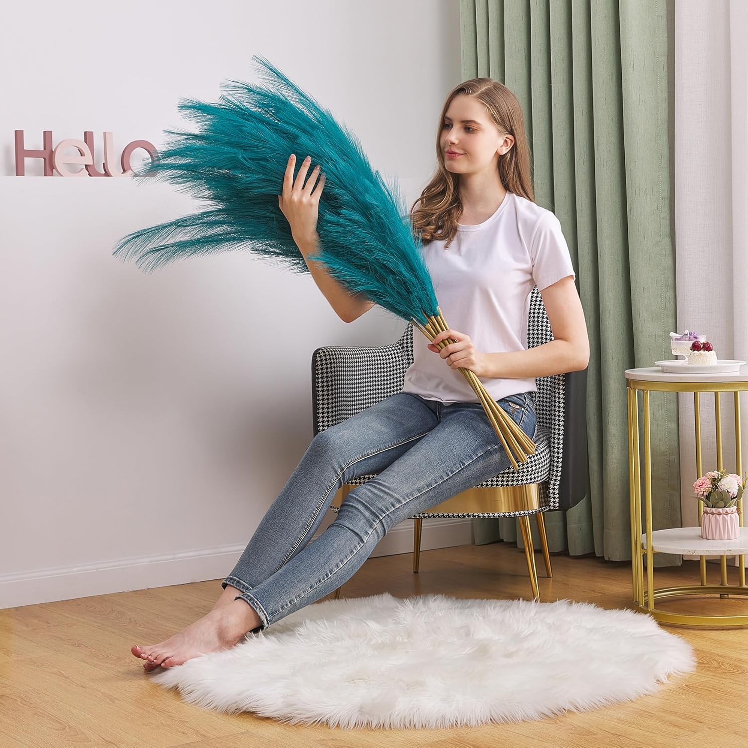 Fluffy Artificial Pompous Grass for Tall Floor Vase / Blue / Set of 7