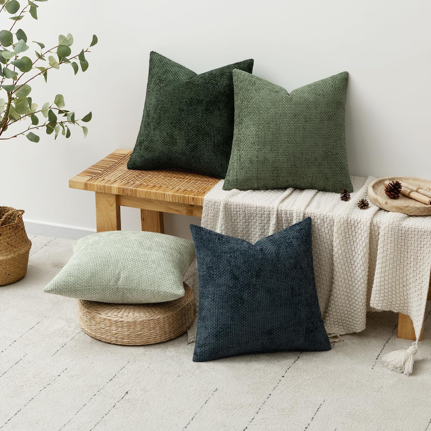 Couch Throw Pillow Covers Soft Decorative Chenille Pillow Covers / 18 x 18 / Green Forest / Set of 4