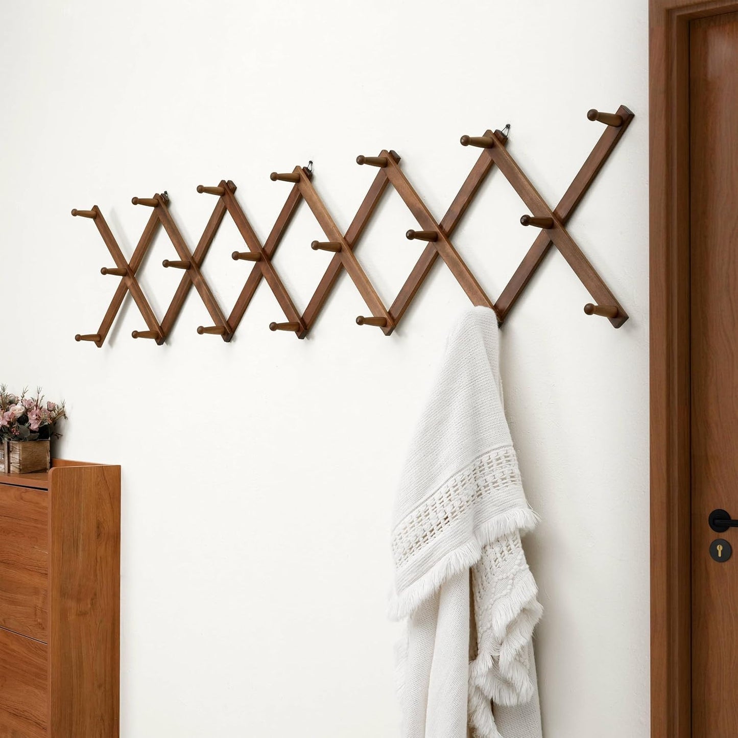 Accordian Wall Hanger: 16” High Wooden Wall Expandable Coat Rack, Hat Rack Holder, Accordion Hook for Baseball Caps